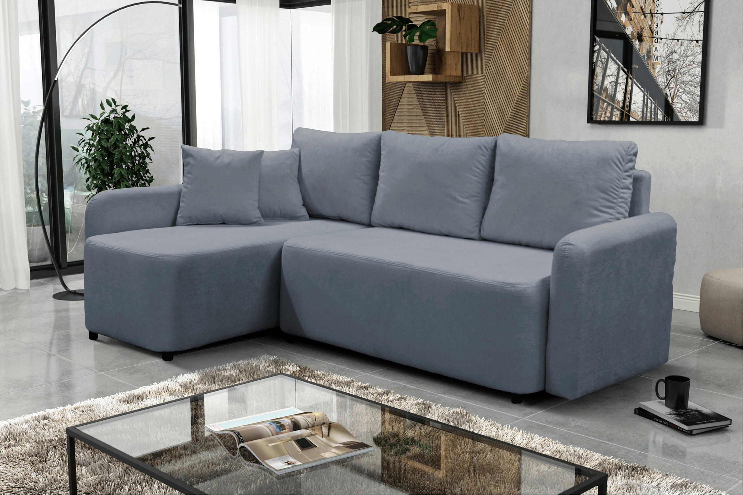 ECKSOFA STERN Grau Bouclé Zierkissen, Rückenkissen, Bettkasten  - Schwarz/Grau, Design, Kunststoff/Textil (152/207cm) - MID.YOU