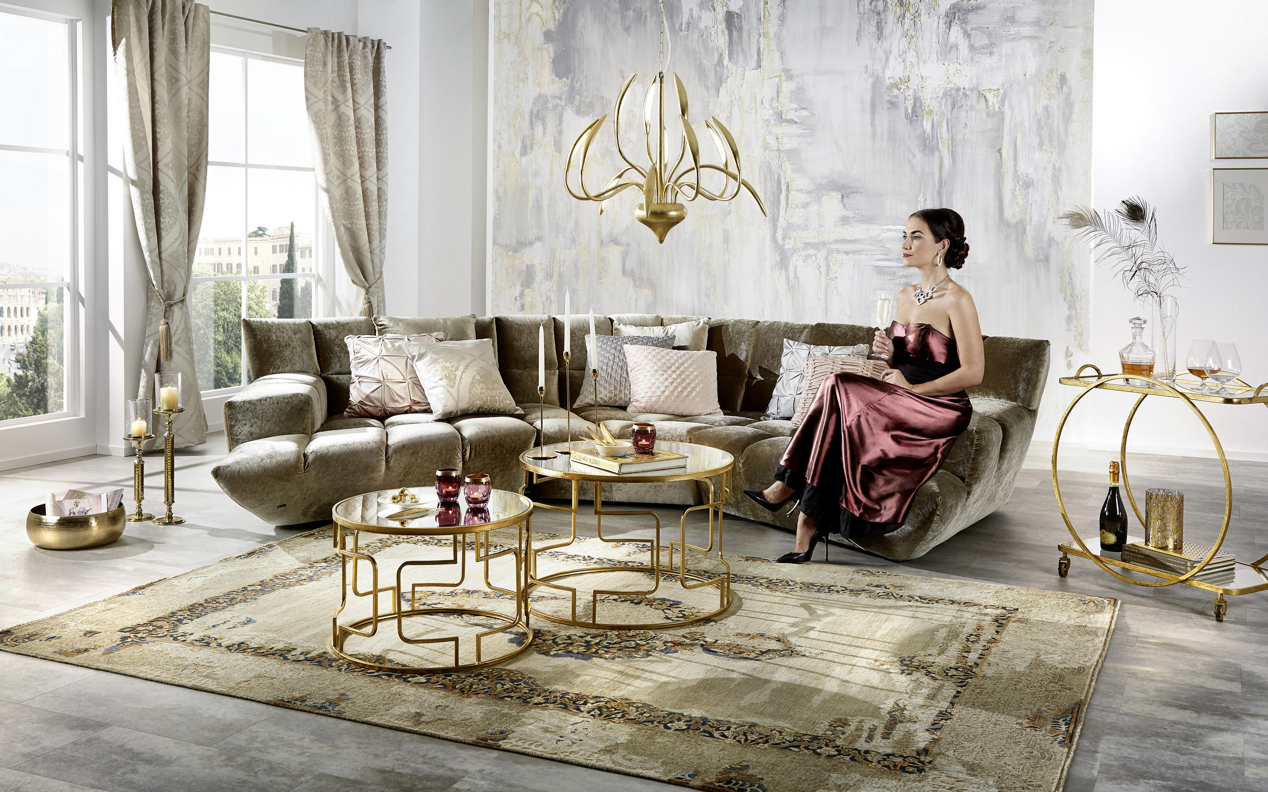 WOHNLANDSCHAFT in Velours Hellbraun  - Hellbraun/Schwarz, Trend, Kunststoff/Textil (318/318cm) - Bretz