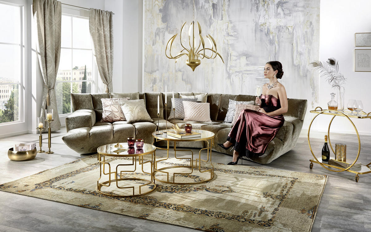WOHNLANDSCHAFTOttomane rechts, L-Form  in Velours Hellbraun  - Hellbraun/Schwarz, Trend, Kunststoff/Textil (318/318cm) - Bretz