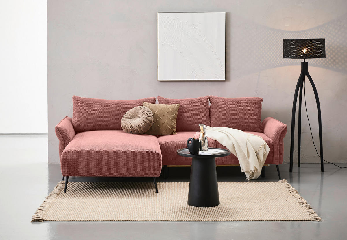 ECKSOFA in Chenille Altrosa  164/255 cm  - Schwarz/Altrosa, KONVENTIONELL, Textil/Metall (164/255cm) - Carryhome