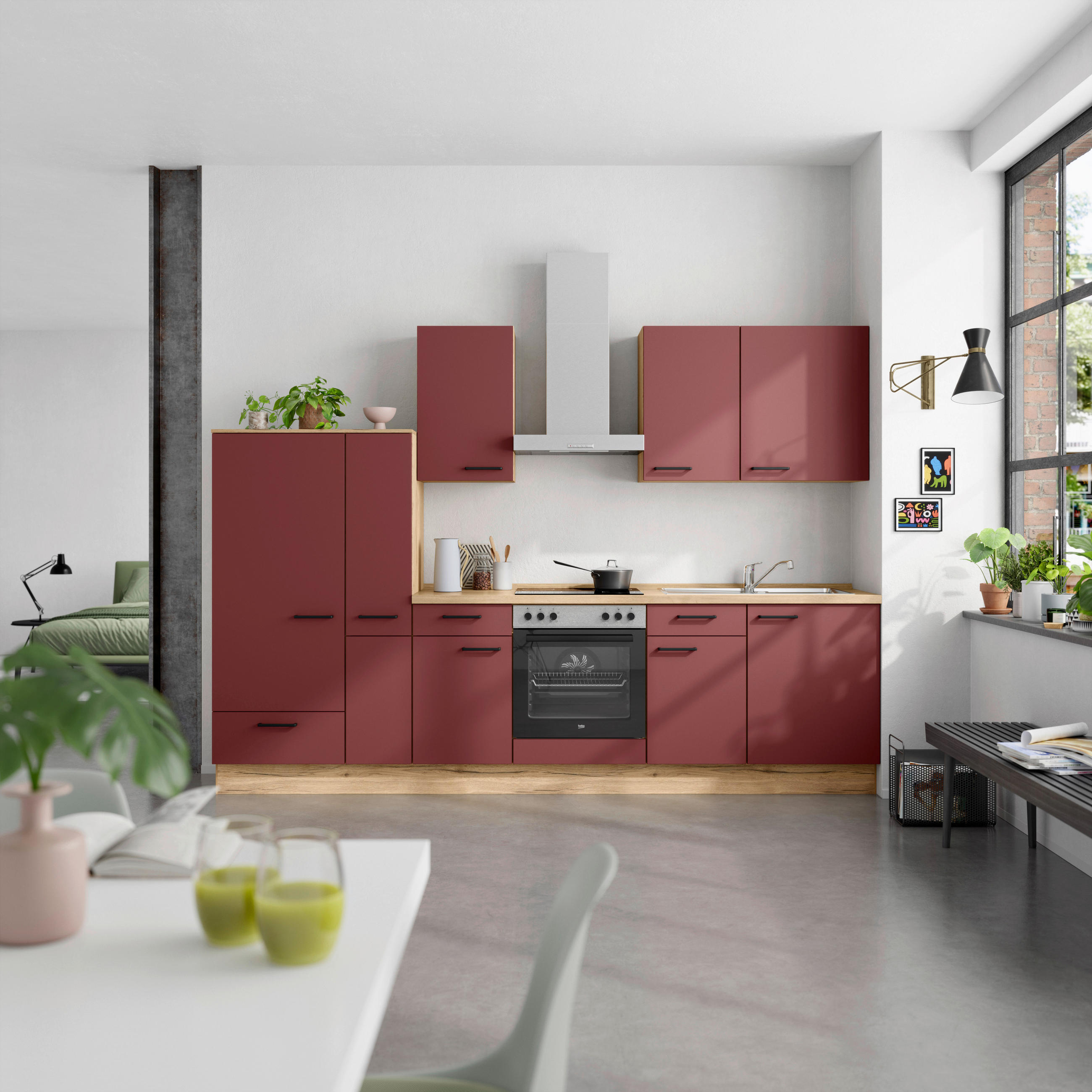 KÜCHENBLOCK Easytouch 300 cm  in Eichefarben, Dunkelrot  - Eichefarben/Schwarz, MODERN, Holzwerkstoff/Metall (300cm) - Nobilia