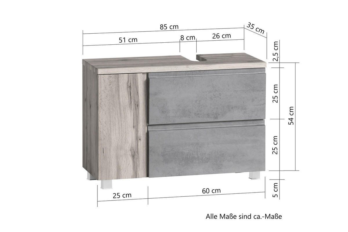 WASCHBECKENUNTERSCHRANK 85/56/35 cm  - Eiche Wotan/Grau, Modern, Holzwerkstoff (85/56/35cm) - Held