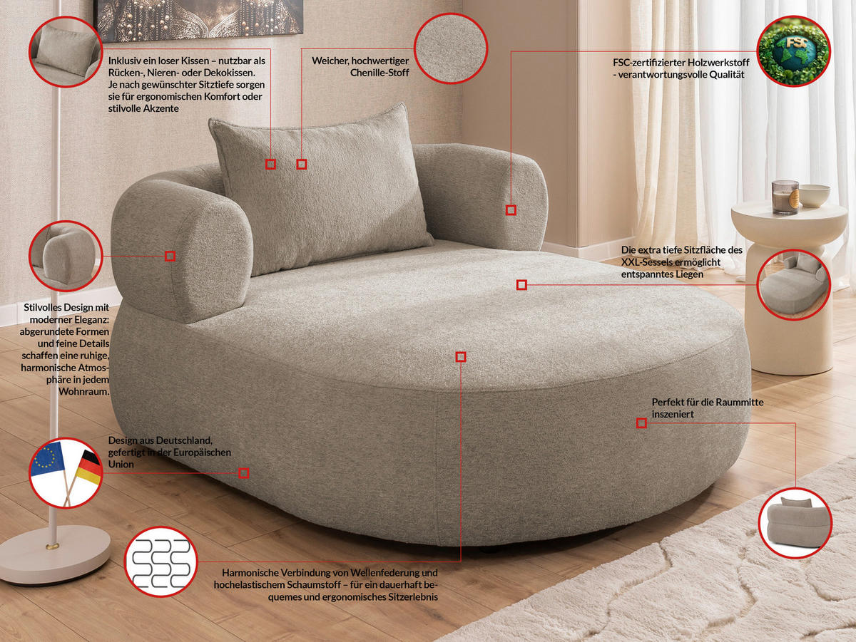 XXL-SESSEL Chenille Hellbraun    - Hellbraun/Schwarz, Design, Kunststoff/Textil (122/76/156cm) - Livetastic