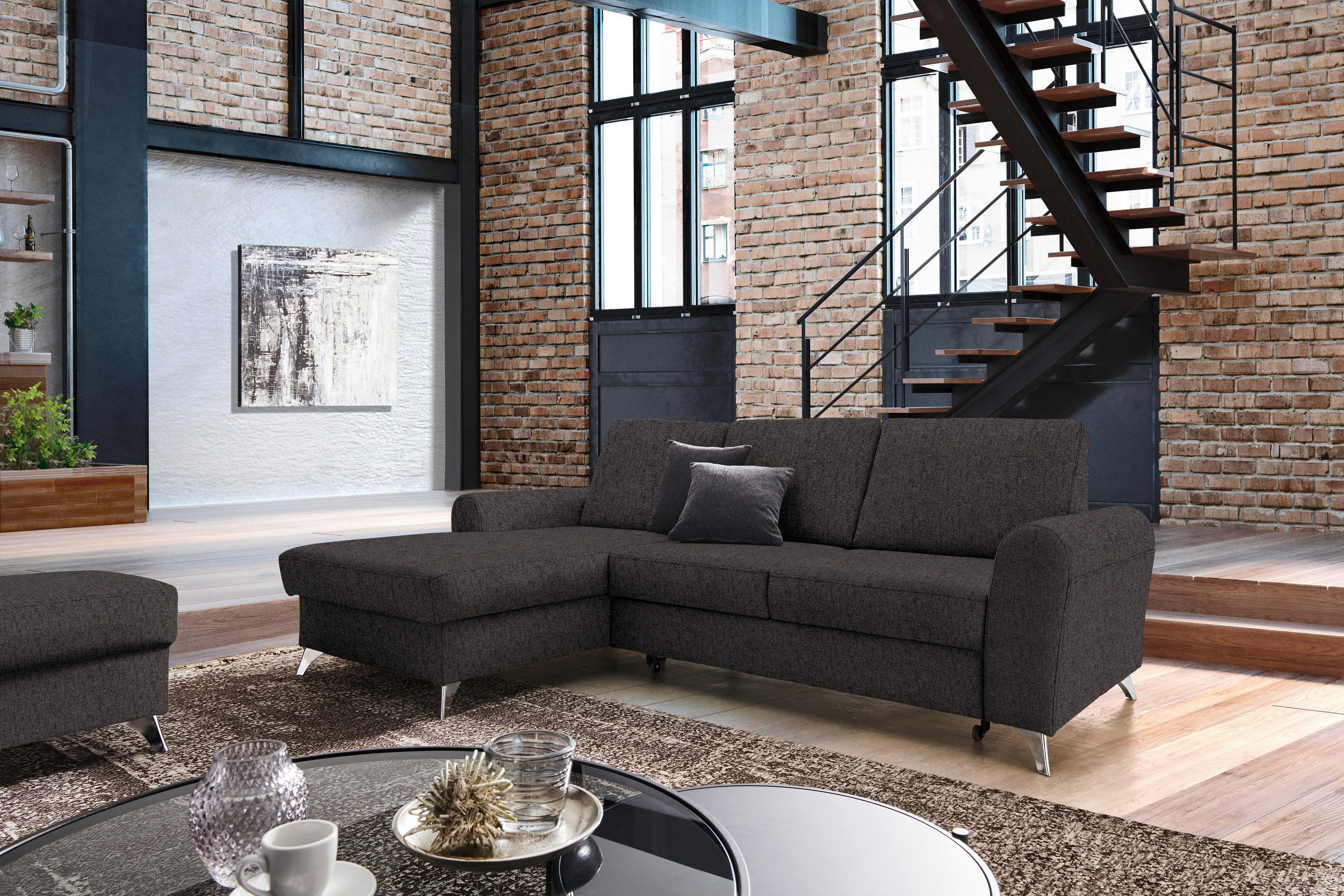 ECKSOFA in Flachgewebe Dunkelbraun  - Dunkelbraun/Silberfarben, Design, Textil/Metall (167/244cm) - Cantus