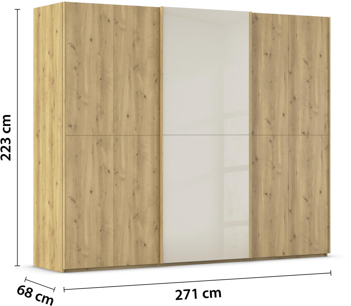 SCHWEBETÜRENSCHRANK 270/223/68 cm 3-türig Eichefarben, Champagner  - Champagner/Eichefarben, Design, Glas/Holz (270/223/68cm) - Novel