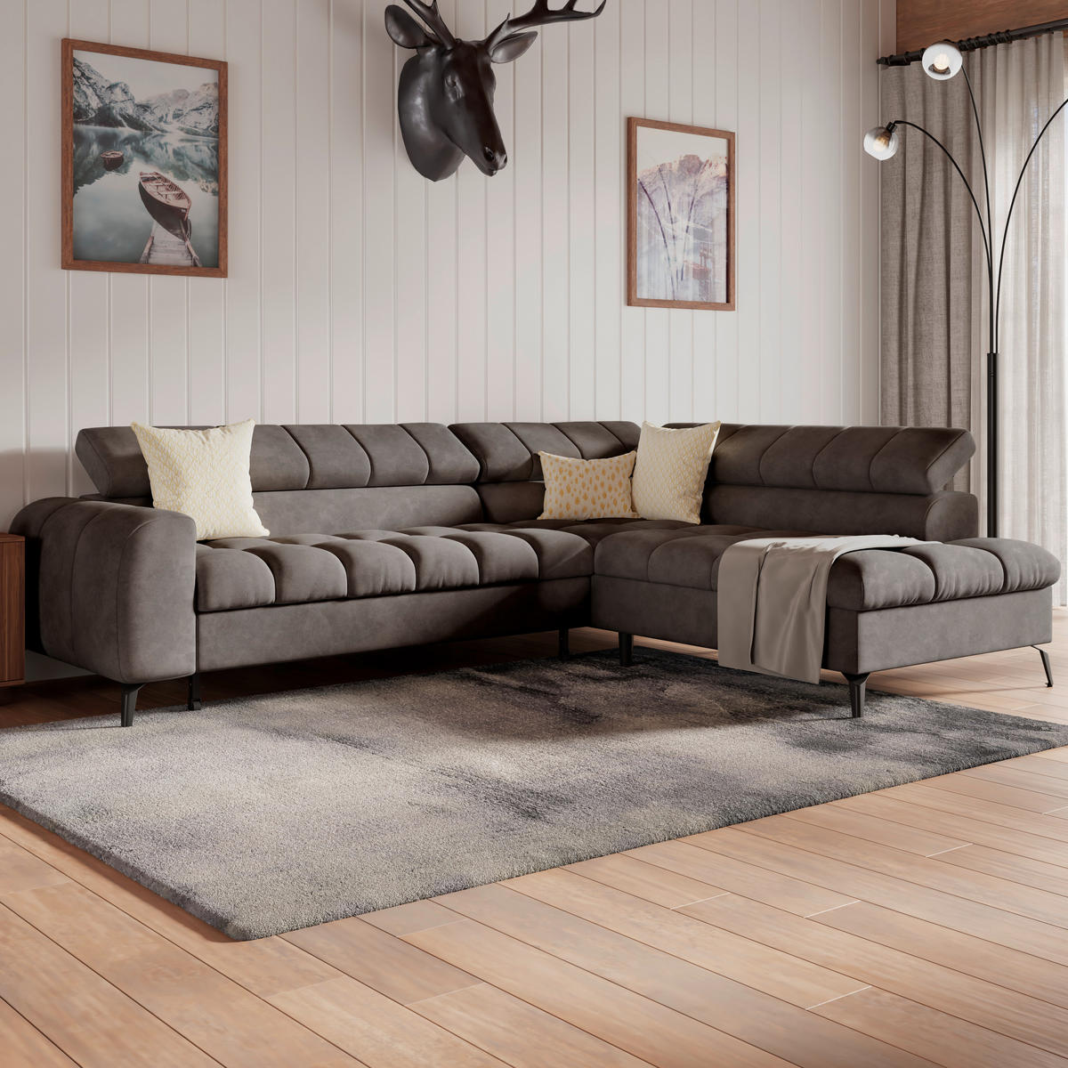 ECKSOFA Schwarz Bettkasten, Rücken echt, Kopfteilverstellung  - Schwarz, Trend, Kunststoff/Textil (261/203cm) - Livetastic