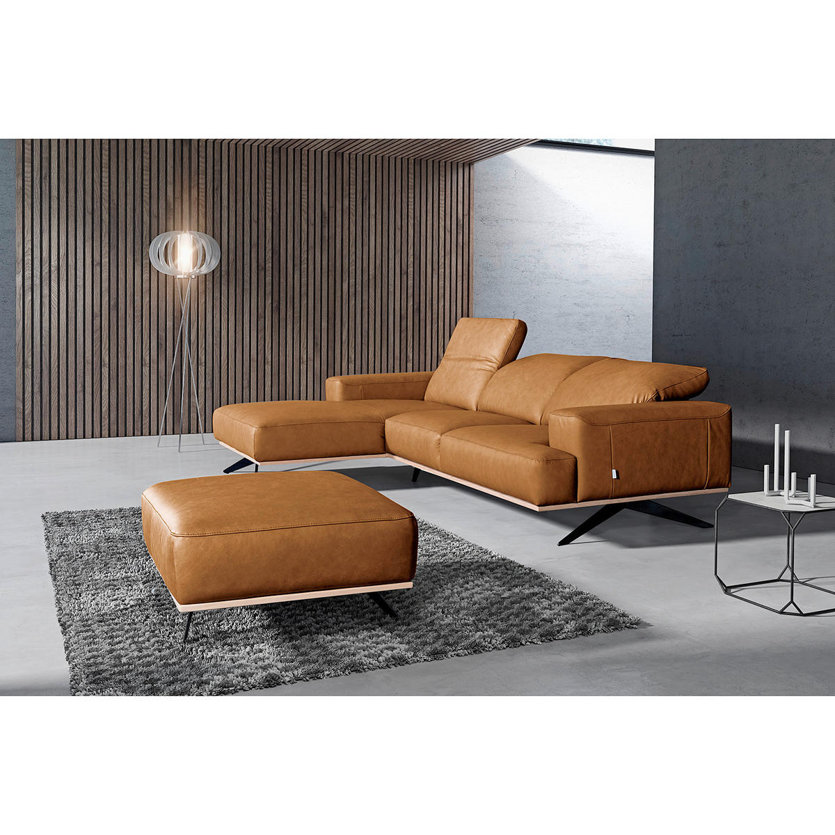 ECKSOFA Cognac Echtleder Rücken echt, Kopfteilverstellung  - Cognac/Schwarz, Design, Leder/Metall (187/295cm) - Livetastic