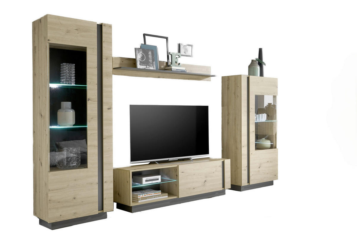 WOHNWAND - Graphitfarben/Eiche Artisan, Design, Glas/Holzwerkstoff (290/194/40cm) - MID.YOU