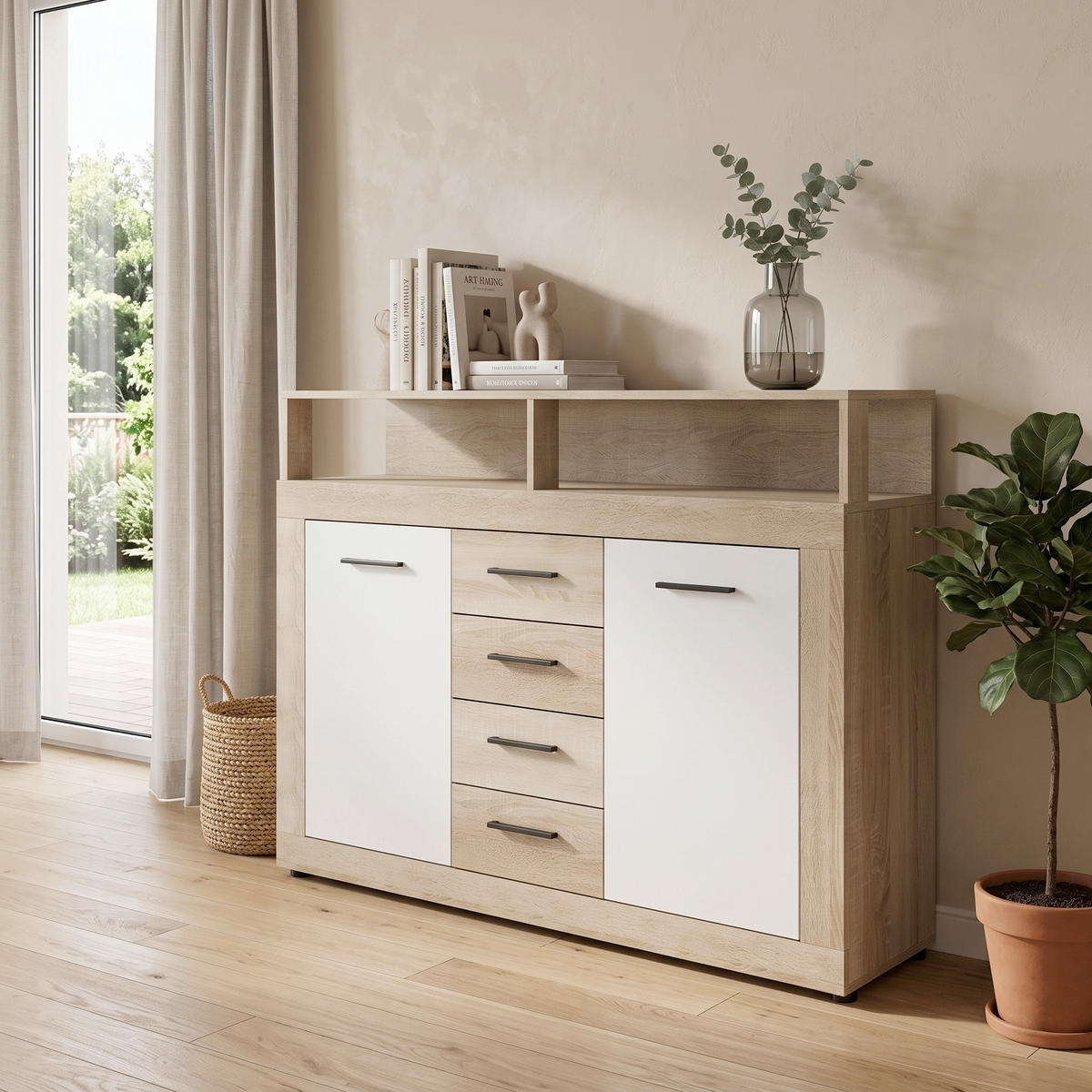 BYRÅ 119/96/32 cm  - vit/Sonoma ek, Design, trämaterial/plast (119/96/32cm) - Best Price