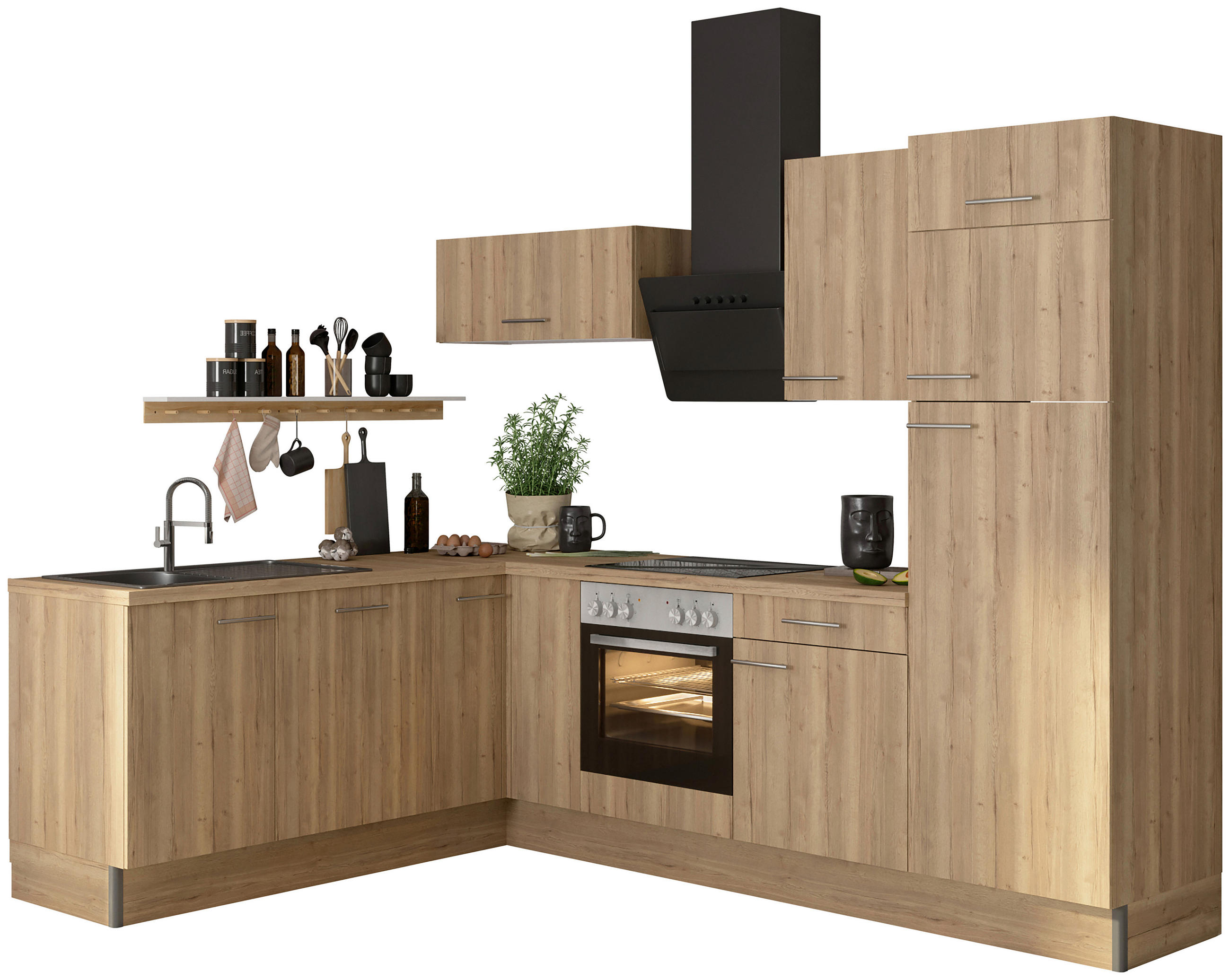 ECKKÜCHE 200/270 cm  in Eichefarben  - Edelstahlfarben/Eichefarben, Basics, Holzwerkstoff/Metall (200/270cm) - Optifit