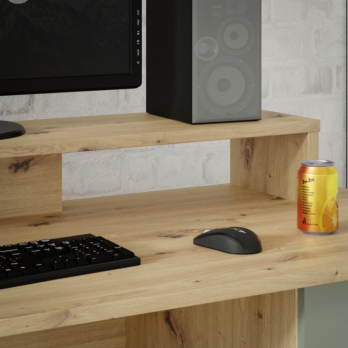 PISALNA MIZA kovina, umetna masa, leseni material barve hrasta, žajbljevo zelena  - barve hrasta/barve aluminija, Moderno, kovina/umetna masa (145/90,7/60cm) - MID.YOU