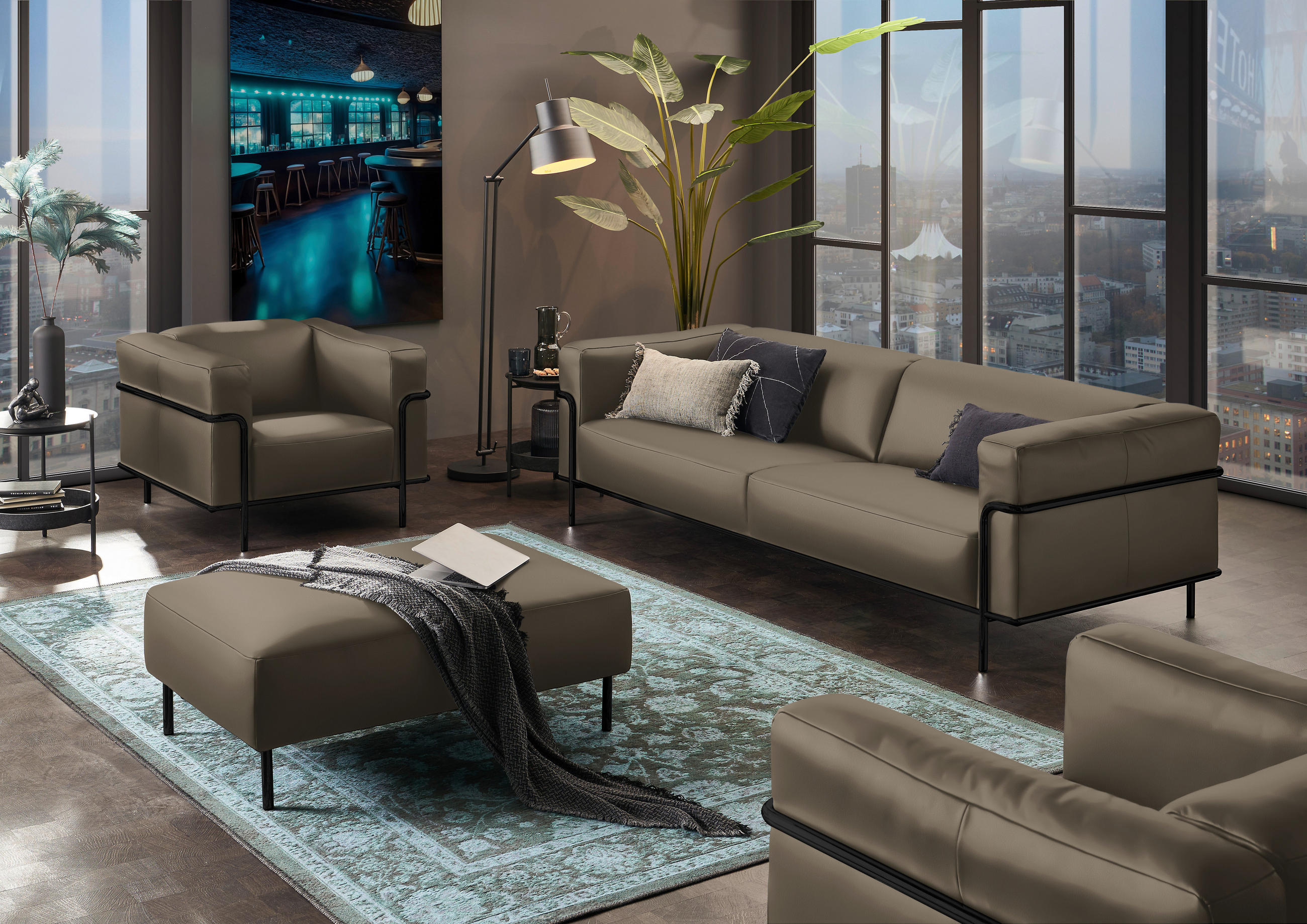 3-SITZER-SOFA in Echtleder Taupe  - Taupe/Schwarz, Design, Leder/Metall (236cm) - Johann Jakob