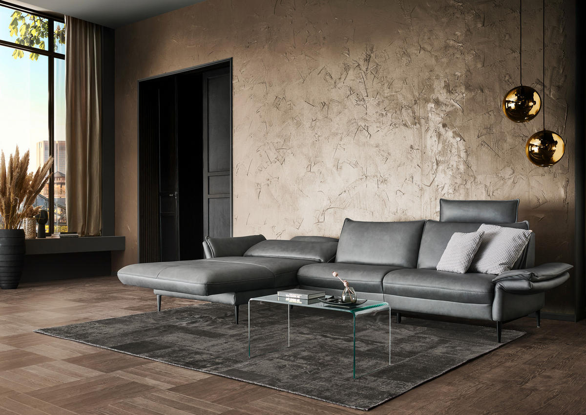 ECKSOFA in Echtleder Anthrazit  172/334 cm  - Anthrazit/Schwarz, Design, Leder/Metall (172/334cm) - Hukla