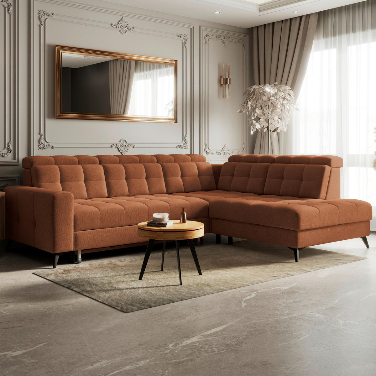 ECKSOFA BARLETTA NEW Terracotta Velours Bettkasten, Kopfteilverstellung, Sitztiefenverstellung, Liegefläche im Originalstoff  - Terracotta/Schwarz, ROMANTIK / LANDHAUS, Textil/Metall (289/228cm) - MID.YOU