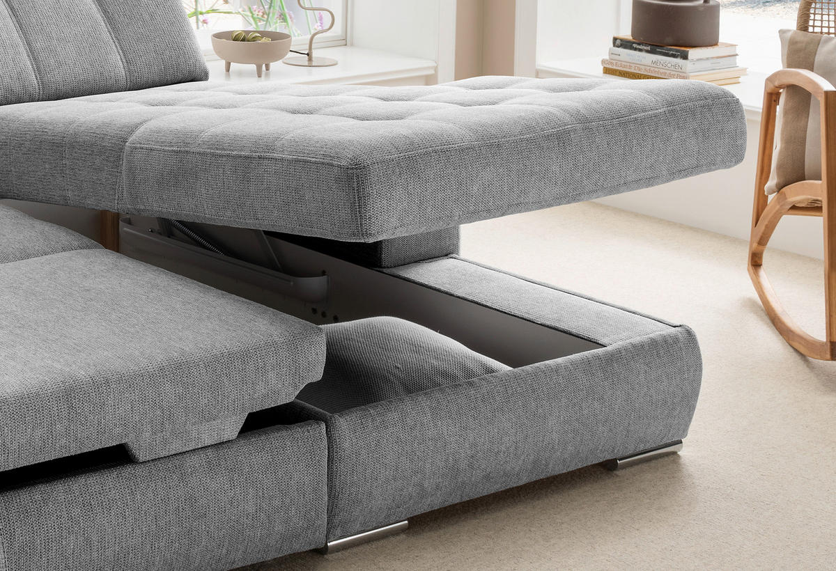 ECKSOFA FRIDO Dunkelgrau Chenille Schlaffunktion, Kopfteilverstellung, Stauraum, Sitztiefenverstellung  - Chromfarben/Dunkelgrau, KONVENTIONELL, Textil/Metall (283/186cm) - Livetastic