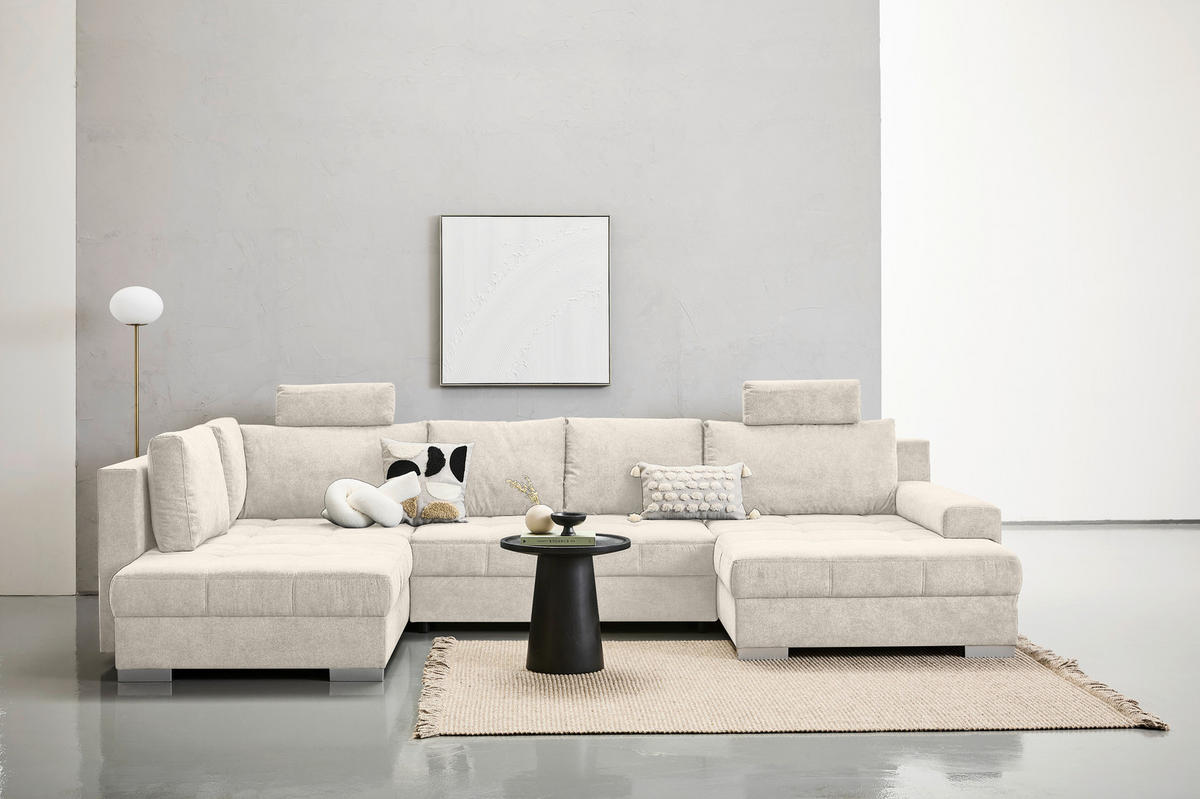 WOHNLANDSCHAFT Beige Velours  - Chromfarben/Beige, KONVENTIONELL, Kunststoff/Textil (198/363/170cm) - Hom`in