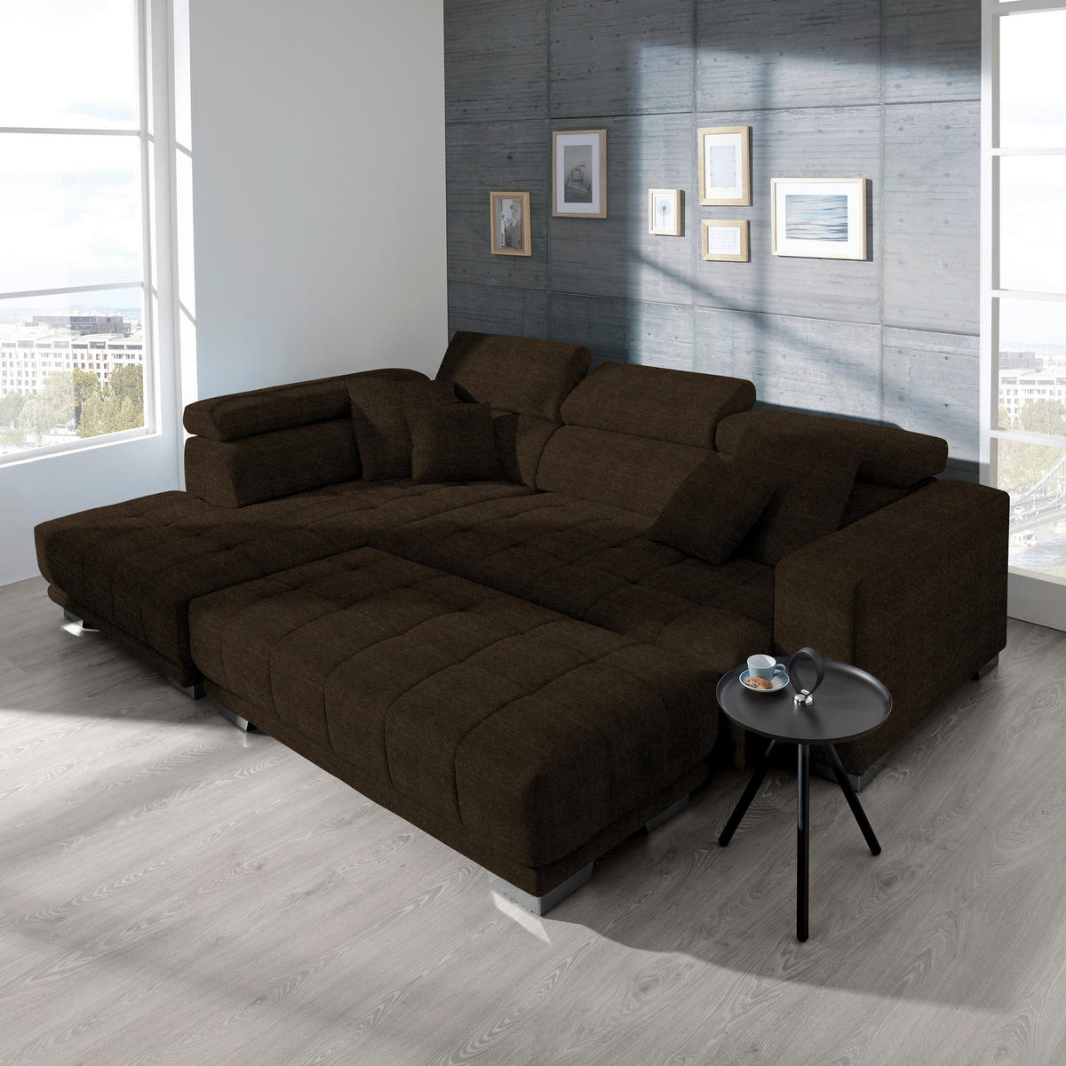 ECKSOFA in Mikrofaser Dunkelbraun  207/301 cm  - Chromfarben/Dunkelbraun, Design, Textil/Metall (207/301cm) - Xora