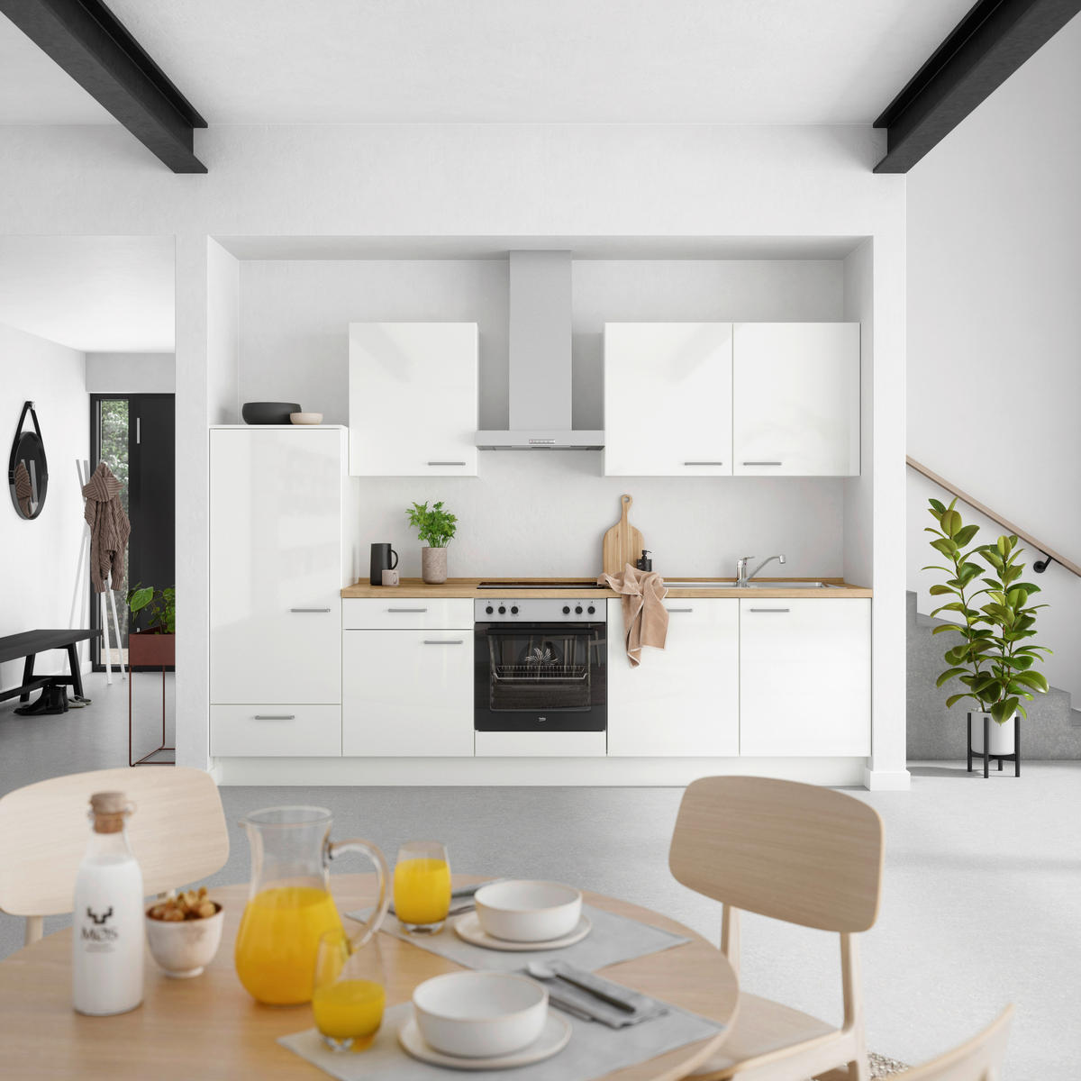 KÜCHENLEERBLOCK 300 cm   in Eichefarben, Weiß Hochglanz  - Edelstahlfarben/Eichefarben, MODERN, Holzwerkstoff/Metall (300cm) - Nobilia