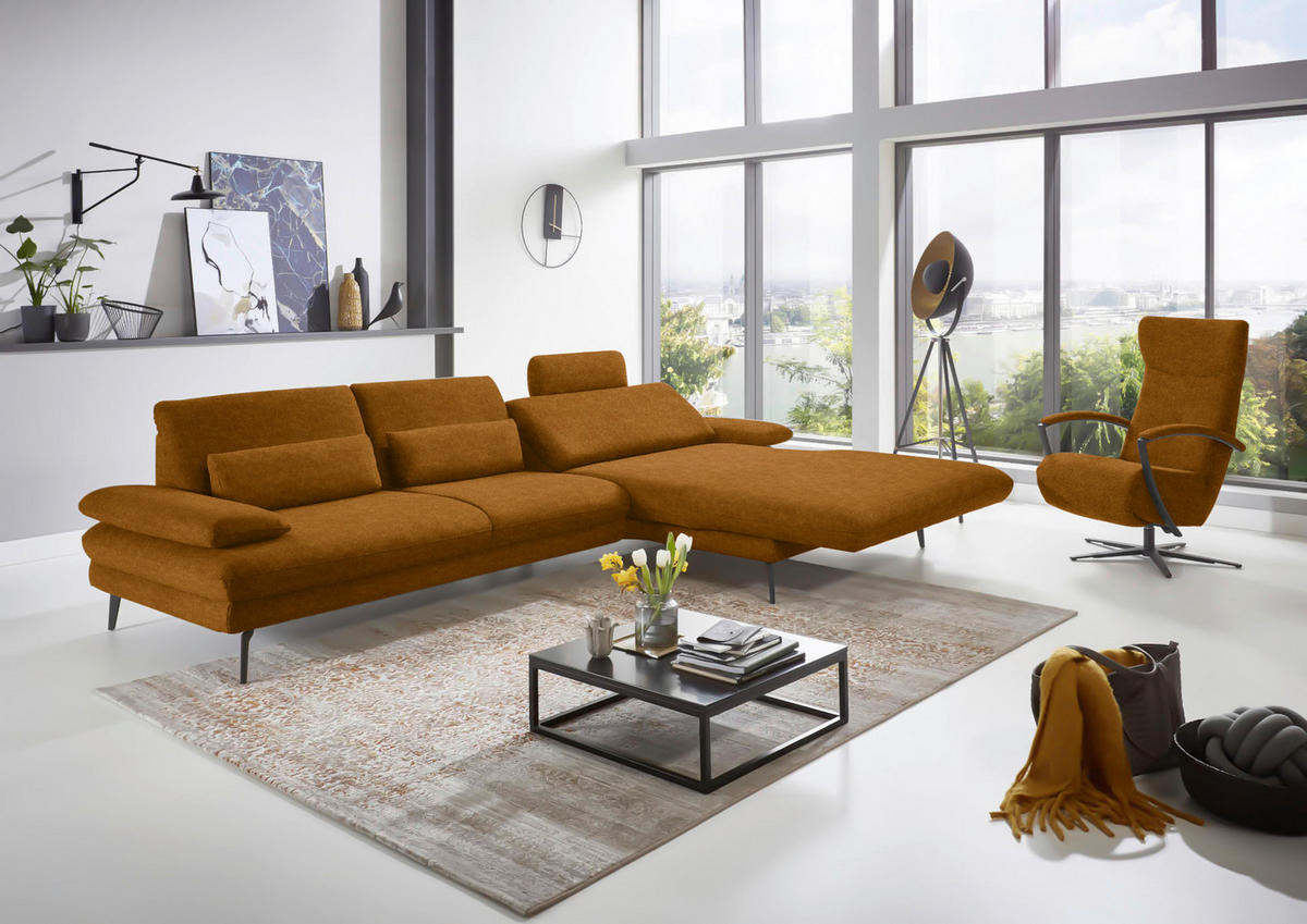ECKSOFA in Velours Cognac  - Cognac/Schwarz, Design, Textil/Metall (310/180cm) - Dieter Knoll