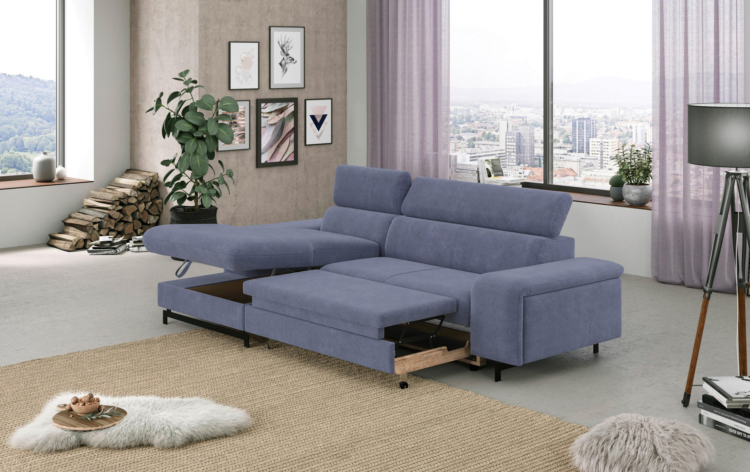 ECKSOFA in Chenille Blau - Blau/Schwarz, Textil/Metall (165/267cm) - MID.YOU