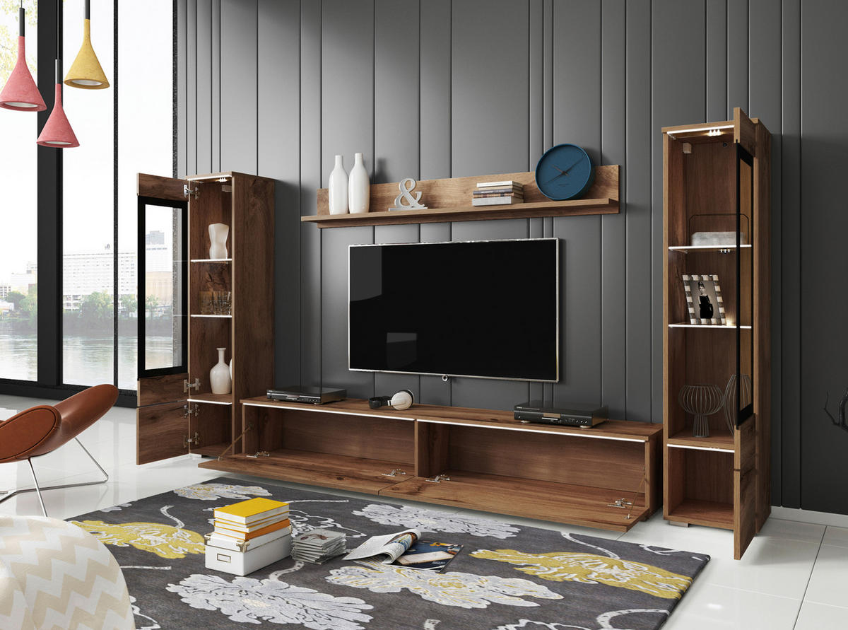 WOHNWAND Vera 4-teilig  in Eiche Wotan  240/130/33 cm  - Eiche Wotan/Grau, LIFESTYLE, Glas/Holzwerkstoff (240/130/33cm) - P & B