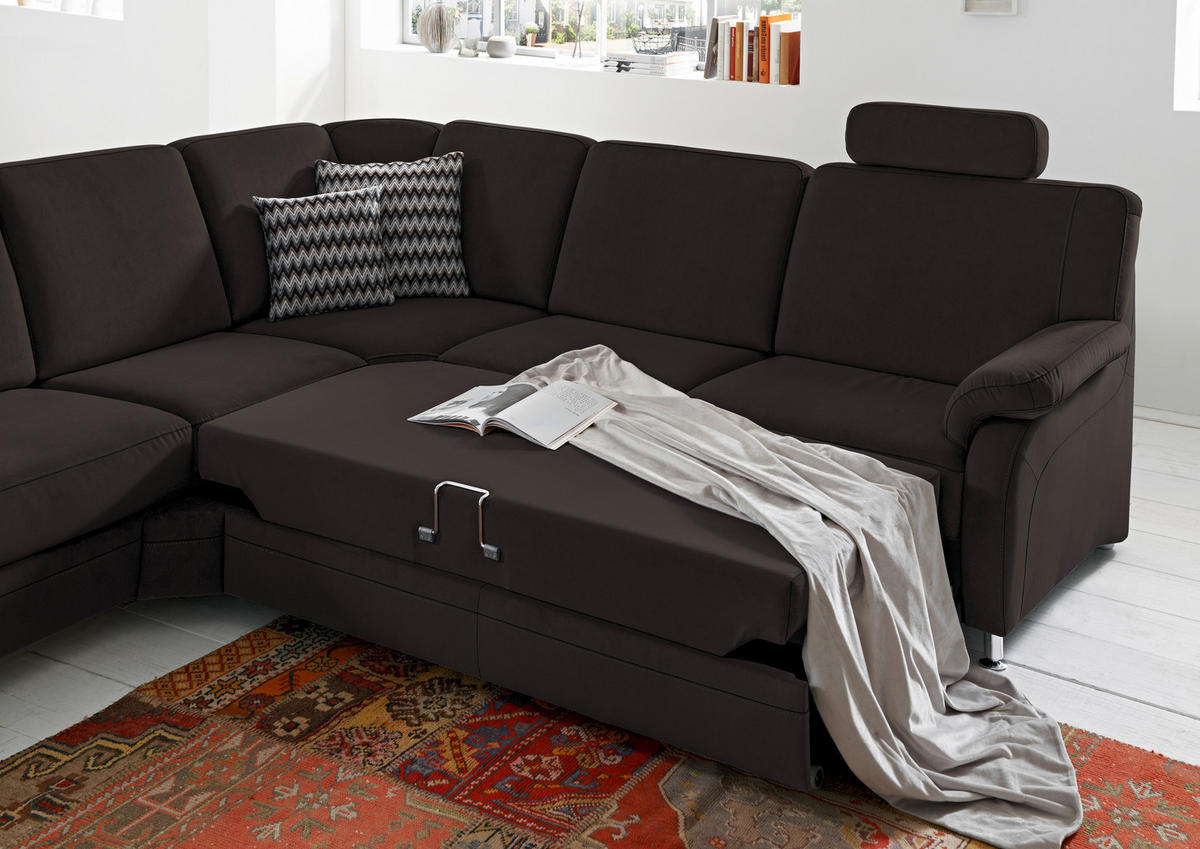 ECKSOFA in Flachgewebe Dunkelbraun  - Dunkelbraun/Alufarben, Konventionell, Textil/Metall (287/269cm) - Beldomo System