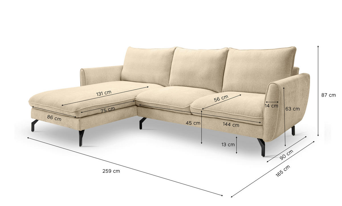 ECKSOFA TORONTO Beige Webstoff  - Beige/Schwarz, Basics, Textil/Metall (165/259cm) - MID.YOU
