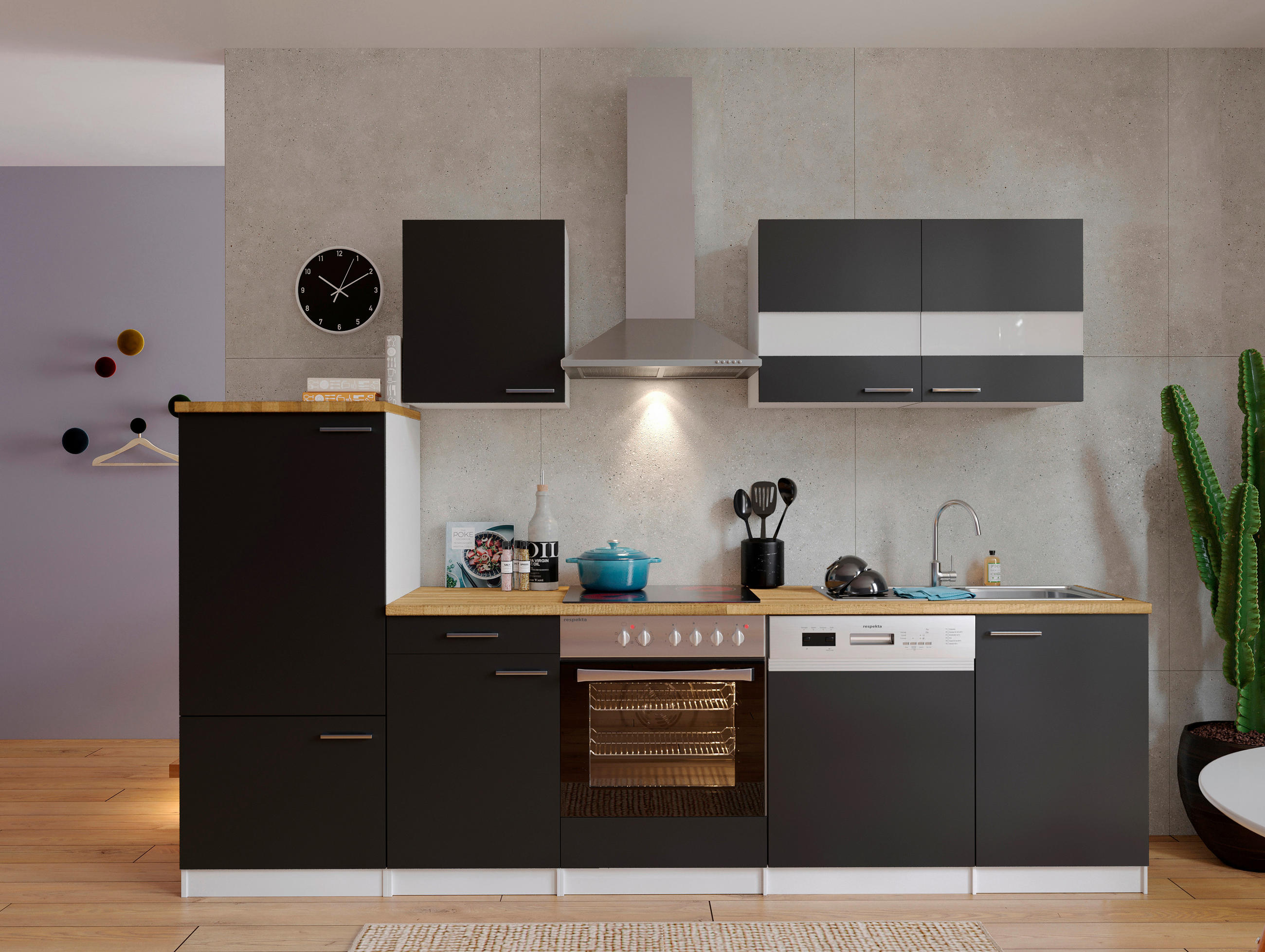 KÜCHENBLOCK 280 cm   in Schwarz  - Edelstahlfarben/Nussbaumfarben, Basics, Holzwerkstoff/Metall (280cm) - Respekta