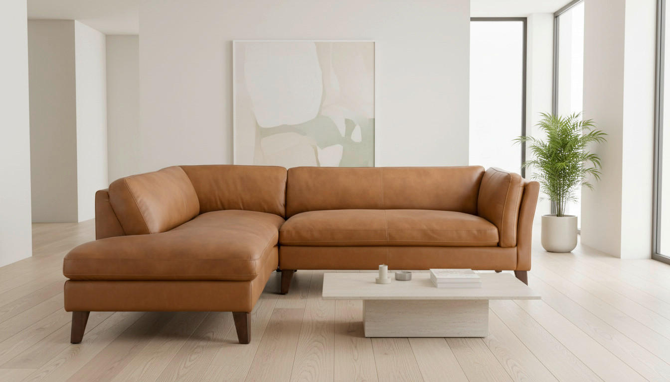 ECKSOFA SERA Cognac Echtleder Lederlook  - Cognac/Dunkelbraun, Design, Leder/Holz (194/235cm) - Livetastic
