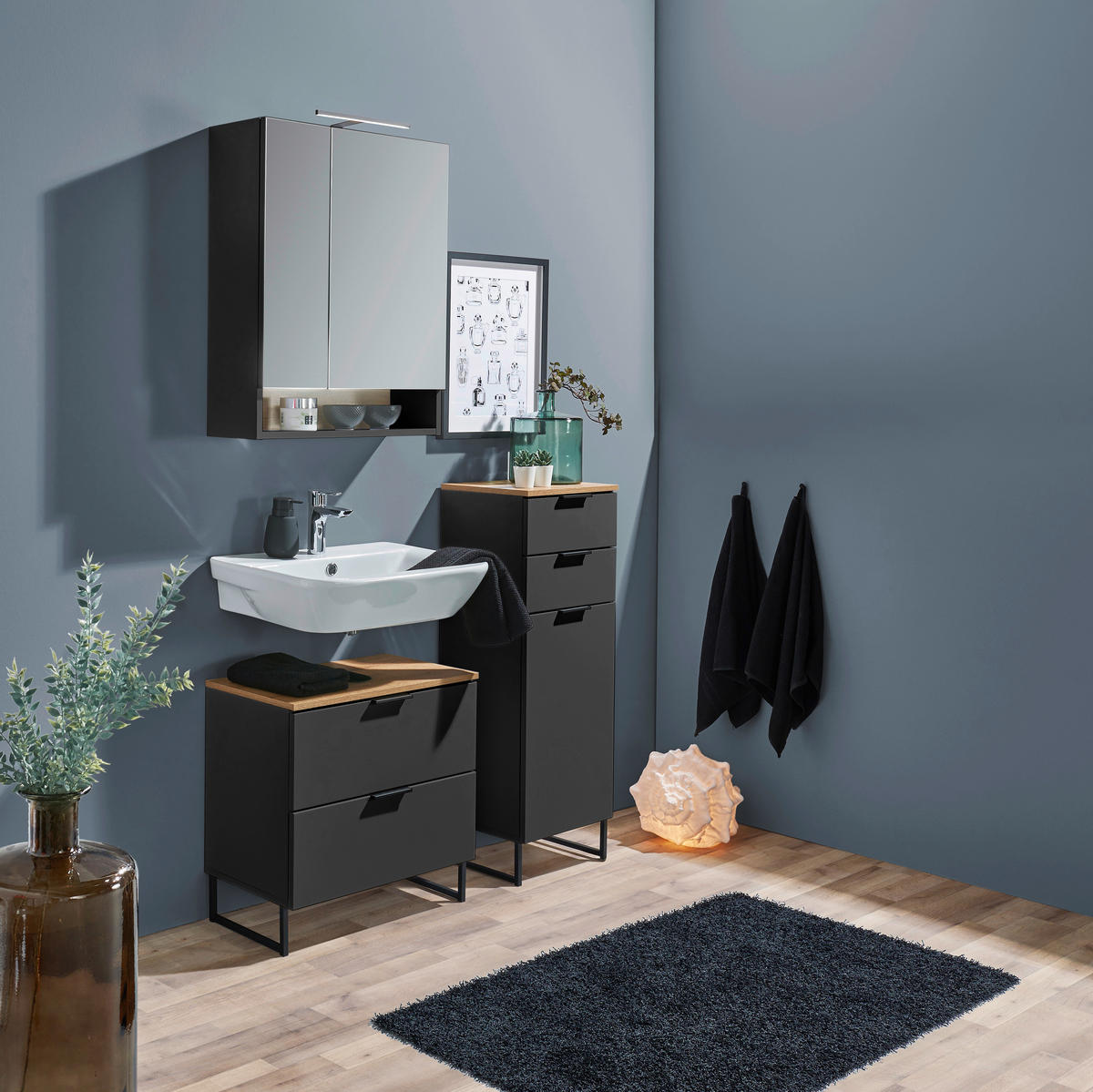 MIDISCHRANK 38/106/32 cm  - Eichefarben/Schwarz, KONVENTIONELL, Holzwerkstoff/Metall (38/106/32cm) - home24