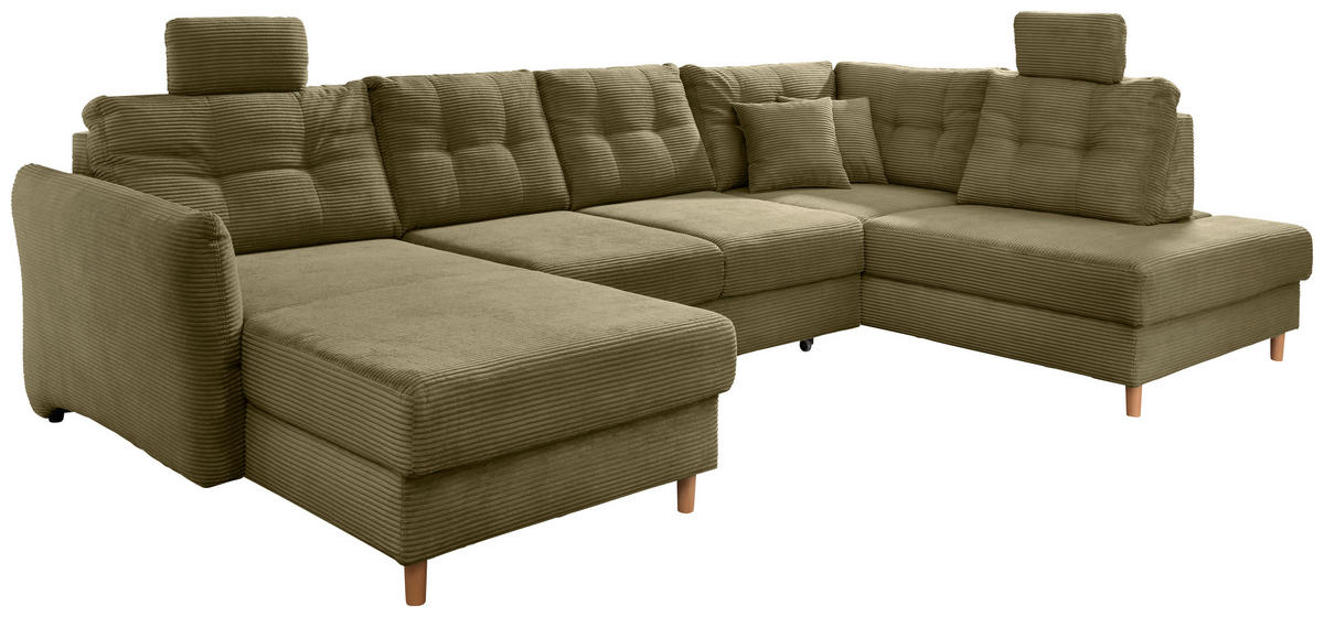 WOHNLANDSCHAFT in Cord Olivgrün  - Naturfarben/Olivgrün, Modern, Holz/Textil (176/338-352/206cm) - Livetastic