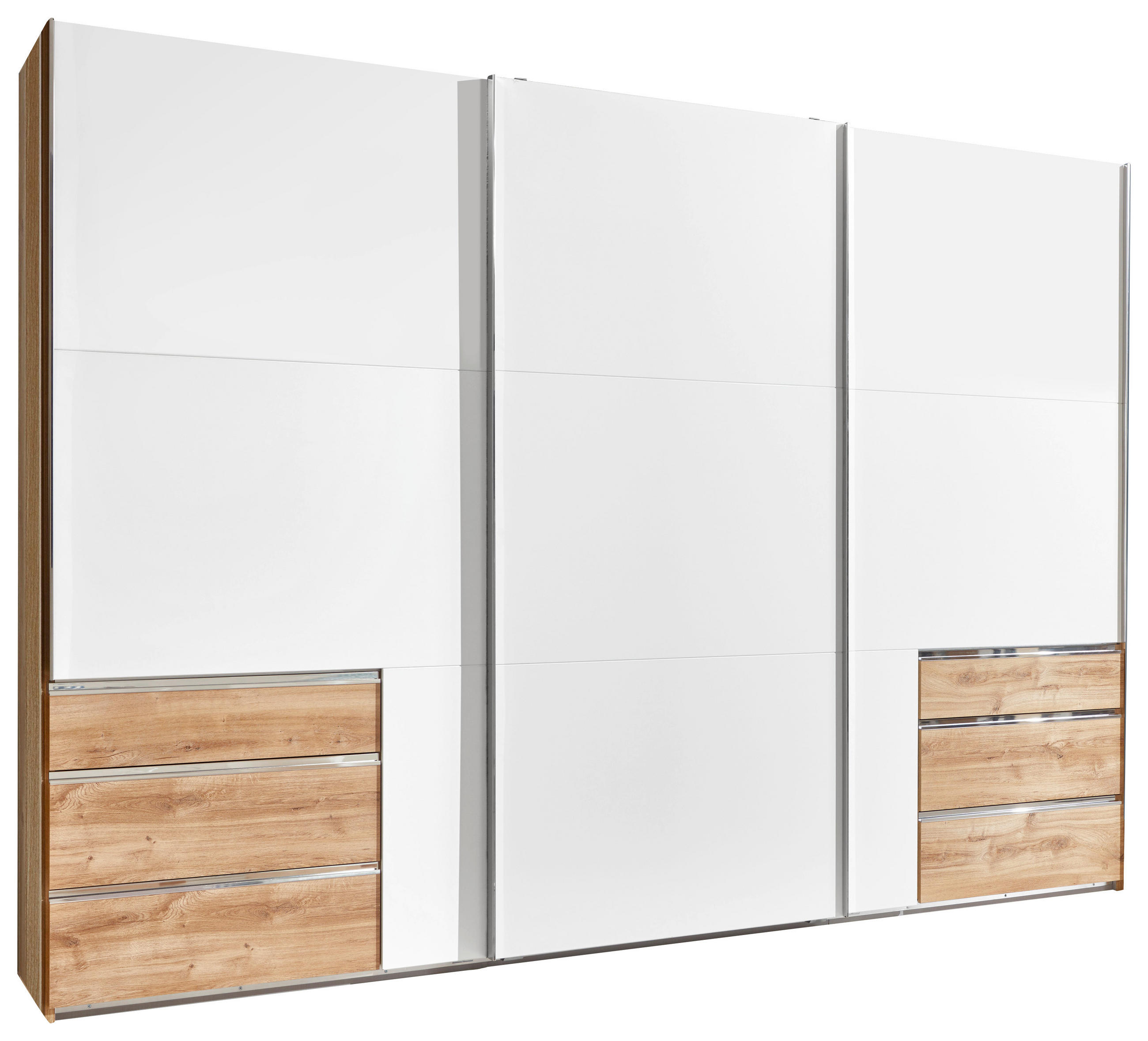 SCHWEBETÜRENSCHRANK 300/216/65 cm 3-türig Weiß, Eichefarben  - Chromfarben/Eichefarben, MODERN, Holzwerkstoff/Metall (300/216/65cm) - MID.YOU