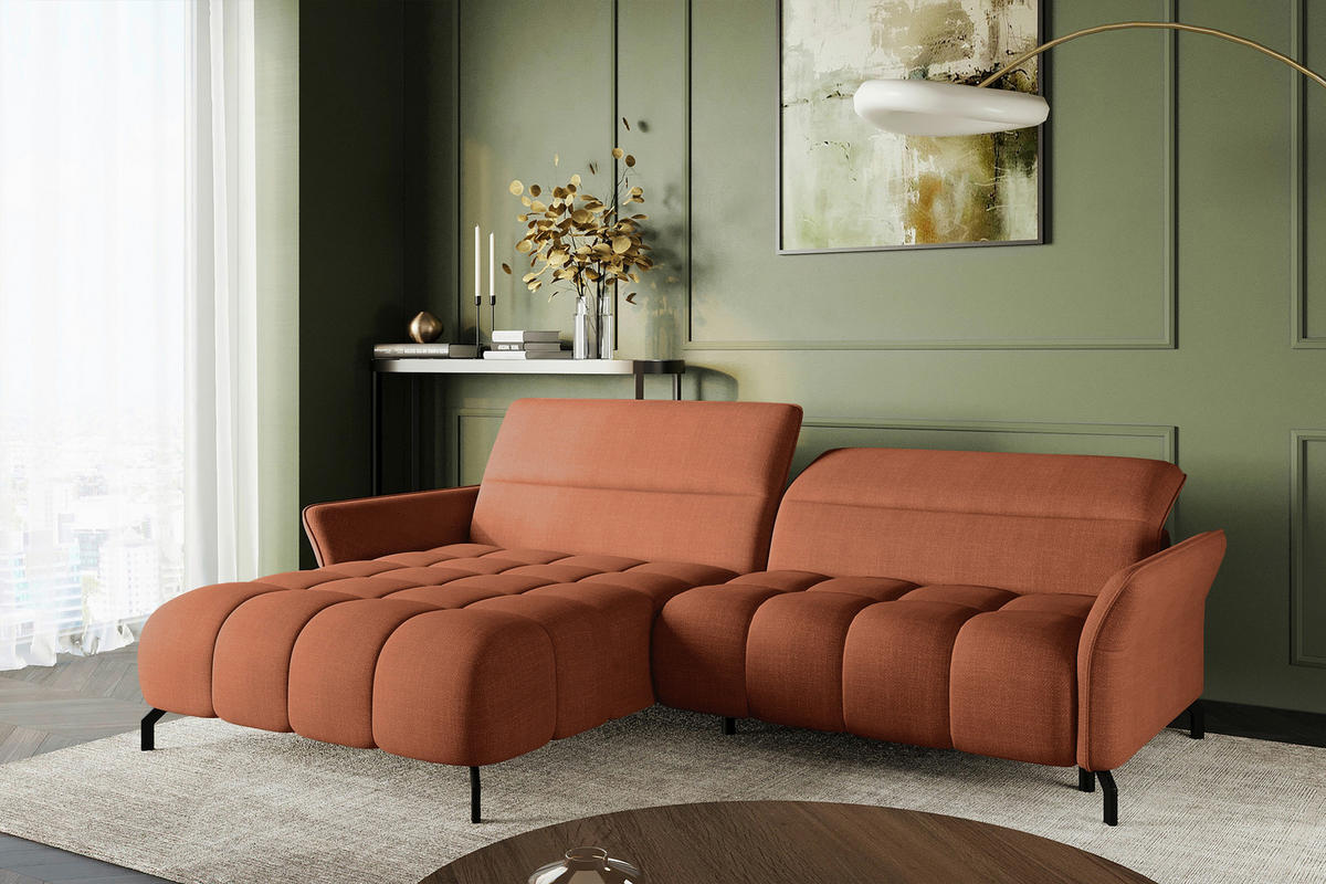 ECKSOFA Rostfarben Flachgewebe Rücken echt, Kopfteilverstellung, Sitztiefenverstellung  - Rostfarben/Schwarz, KONVENTIONELL, Textil/Metall (175/272cm) - Carryhome