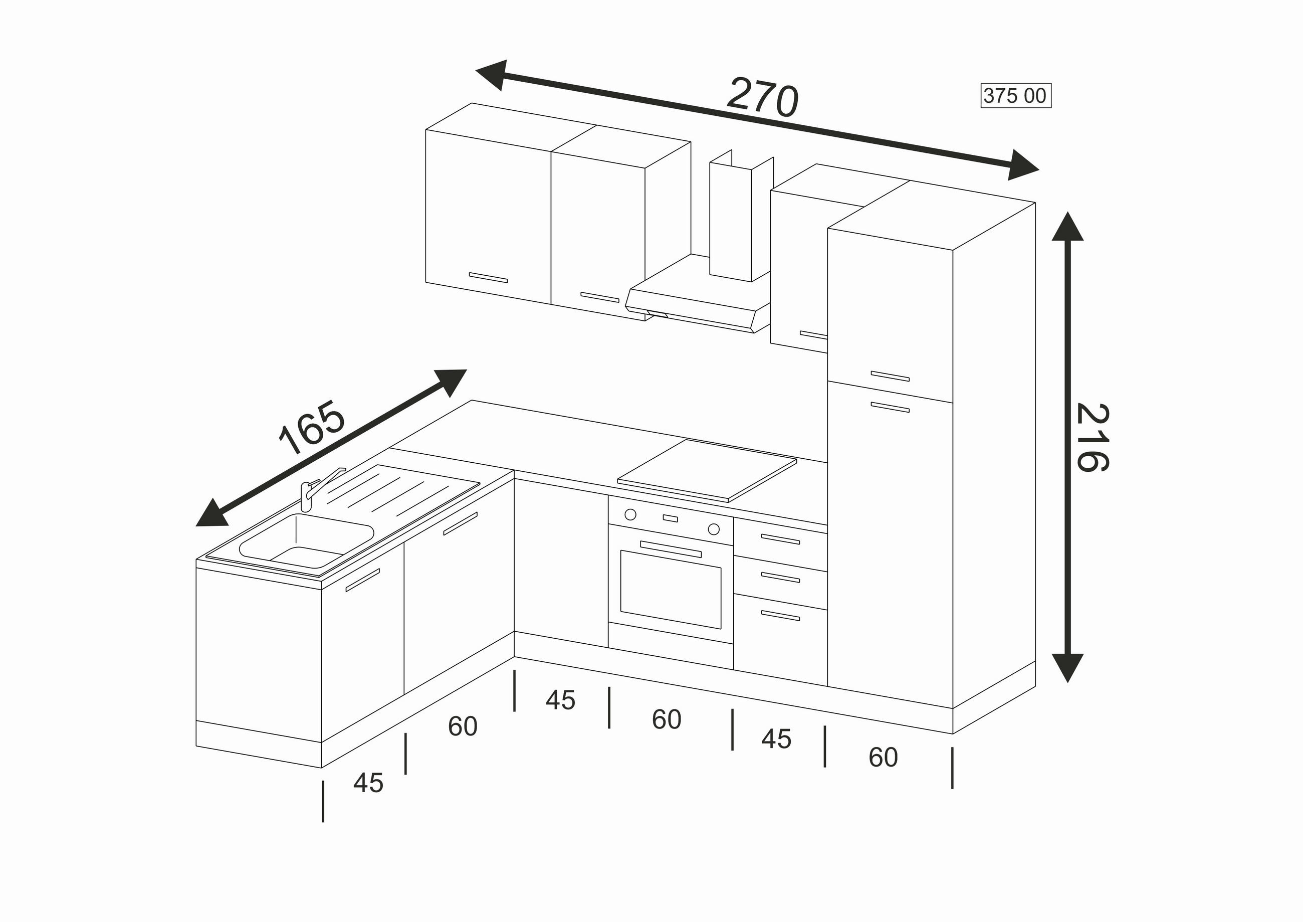 BLOK KUHINJA S APARATIMA  siva, boje hrasta  - siva/boje hrasta, drvni materijal/metal (165/270cm)