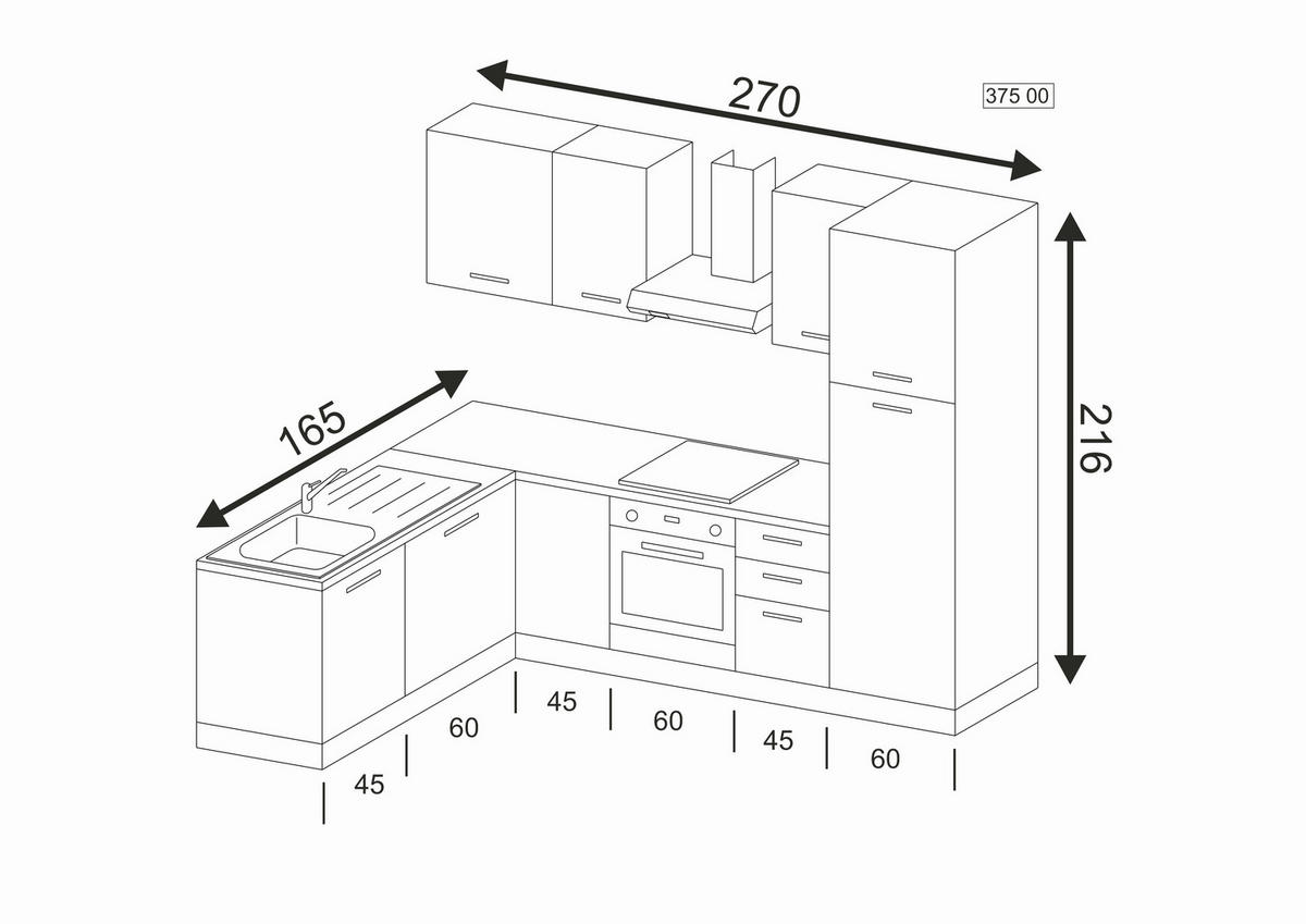 BLOK KUHINJA S APARATIMA  siva, boje hrasta  - siva/boje hrasta, drvni materijal/metal (165/270cm)