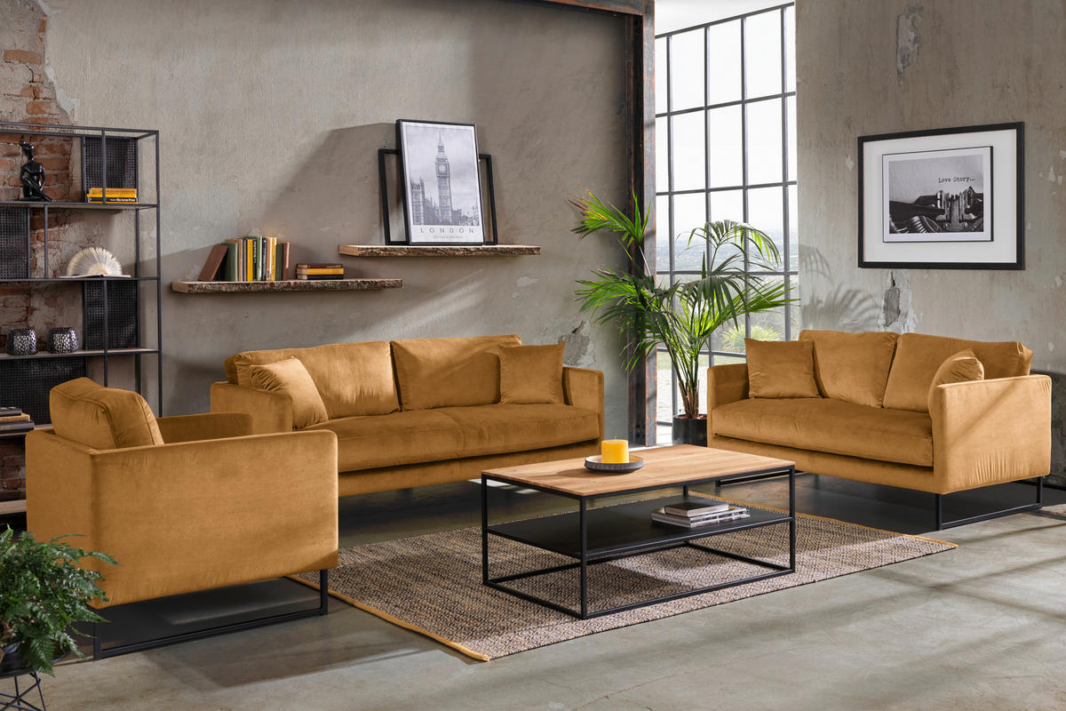 2,5-SITS SOFFA i sammet gul  - svart/gul, Design, metall/textil (180/78/84cm) - Carryhome