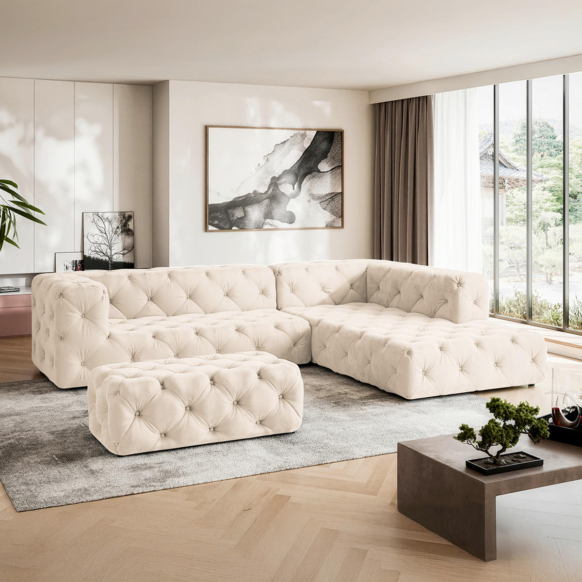ECKSOFA Fresco in Samt Creme  325/228 cm  - Creme/Schwarz, Design, Kunststoff/Textil (325/228cm) - P & B