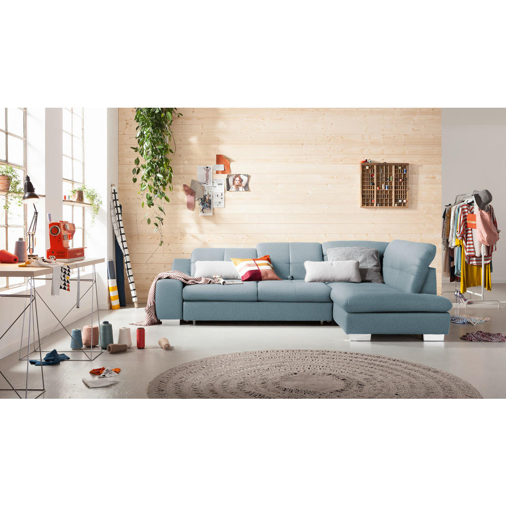 Thumbnail - SetOne by Musterring Ecksofa, Hellblau, Textil, 4-Sitzer, Ottomane rechts, L-Form, 292x212 cm, Bettkasten erhältlich, Fu...