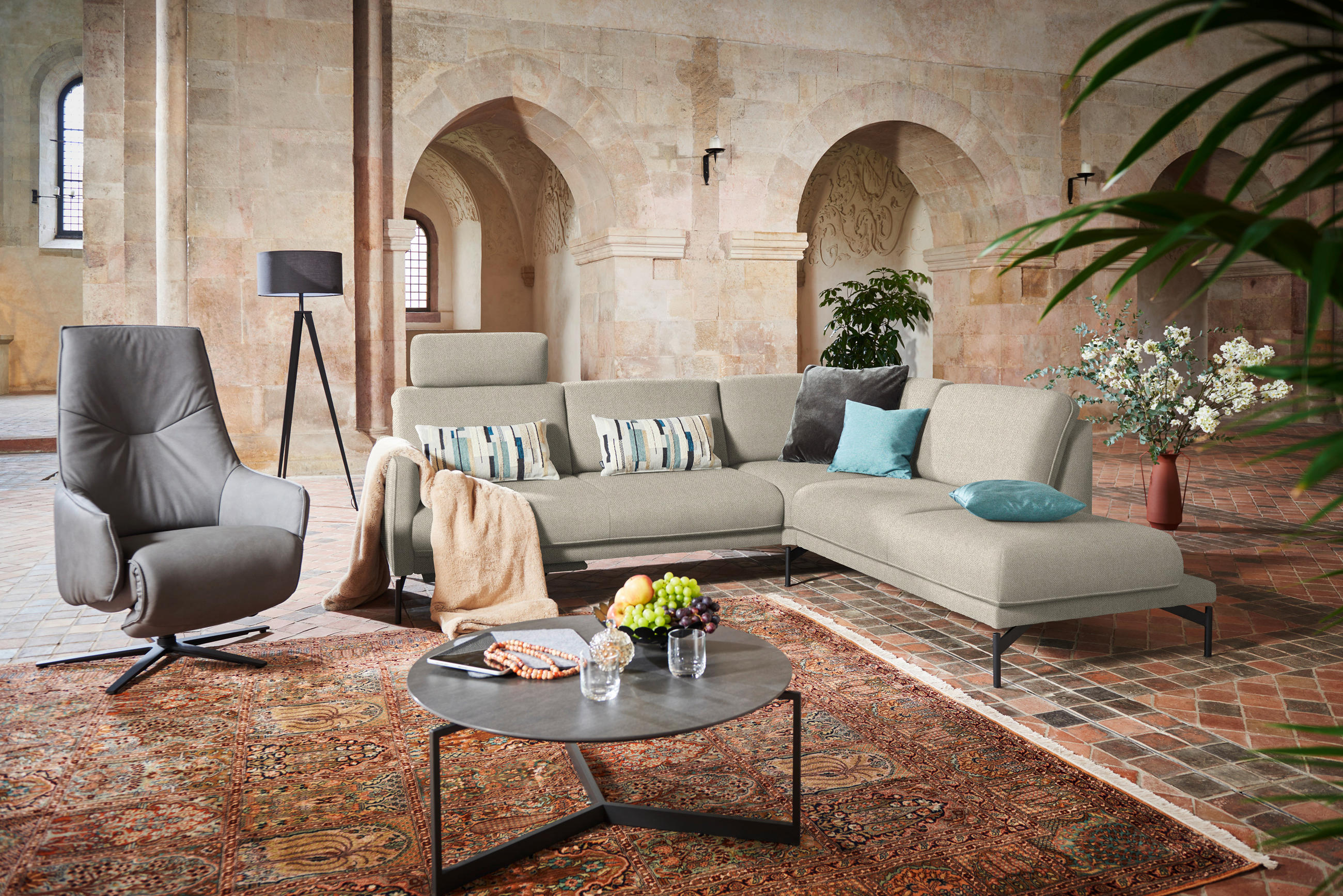 ECKSOFA in Flachgewebe, Struktur Beige  - Anthrazit/Beige, Design, Textil/Metall (254/230cm) - Johann Jakob
