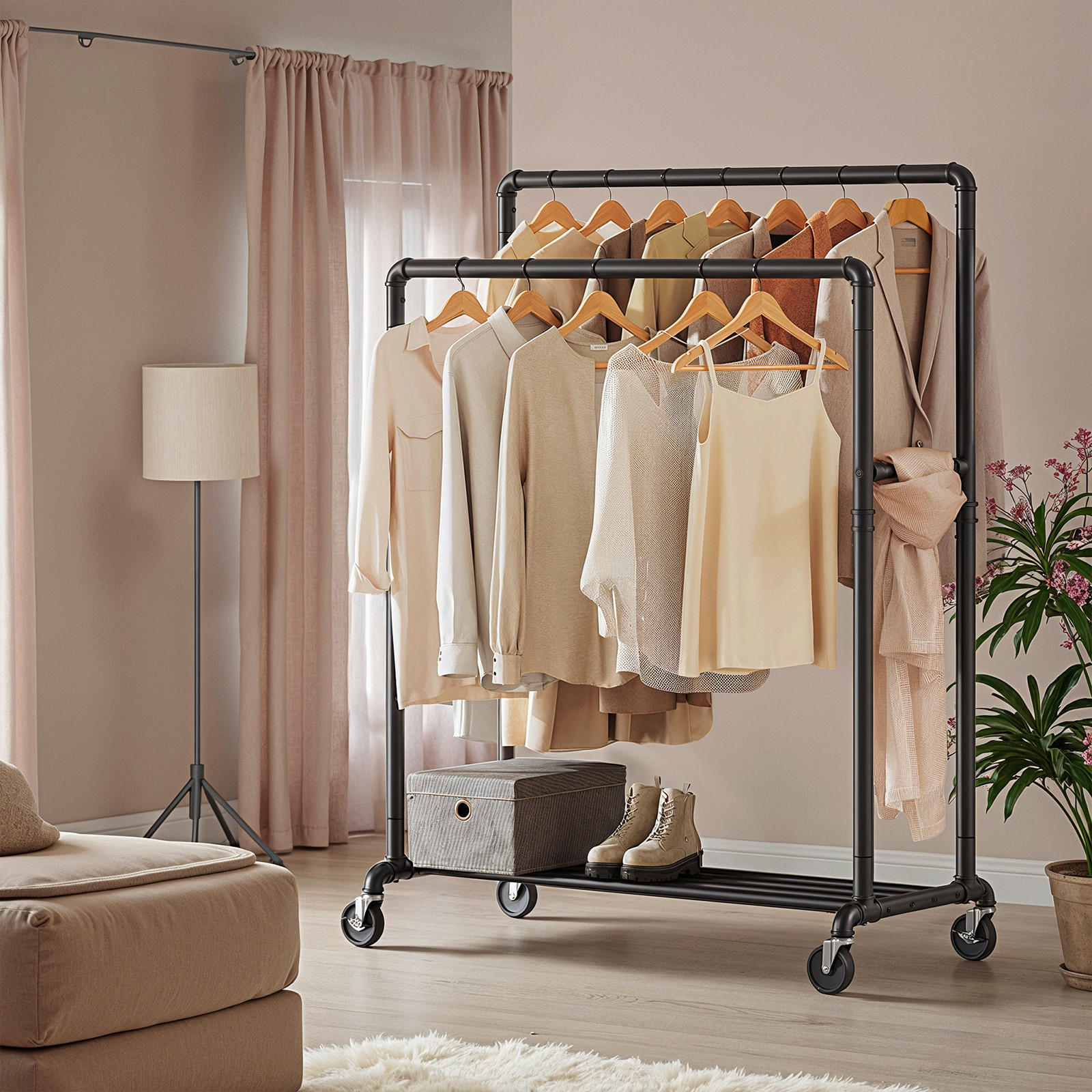 Thumbnail - Kleiderwagen, Schwarz, Metall, Kunststoff, 100x162x59 cm, Garderobe, Garderobenständer