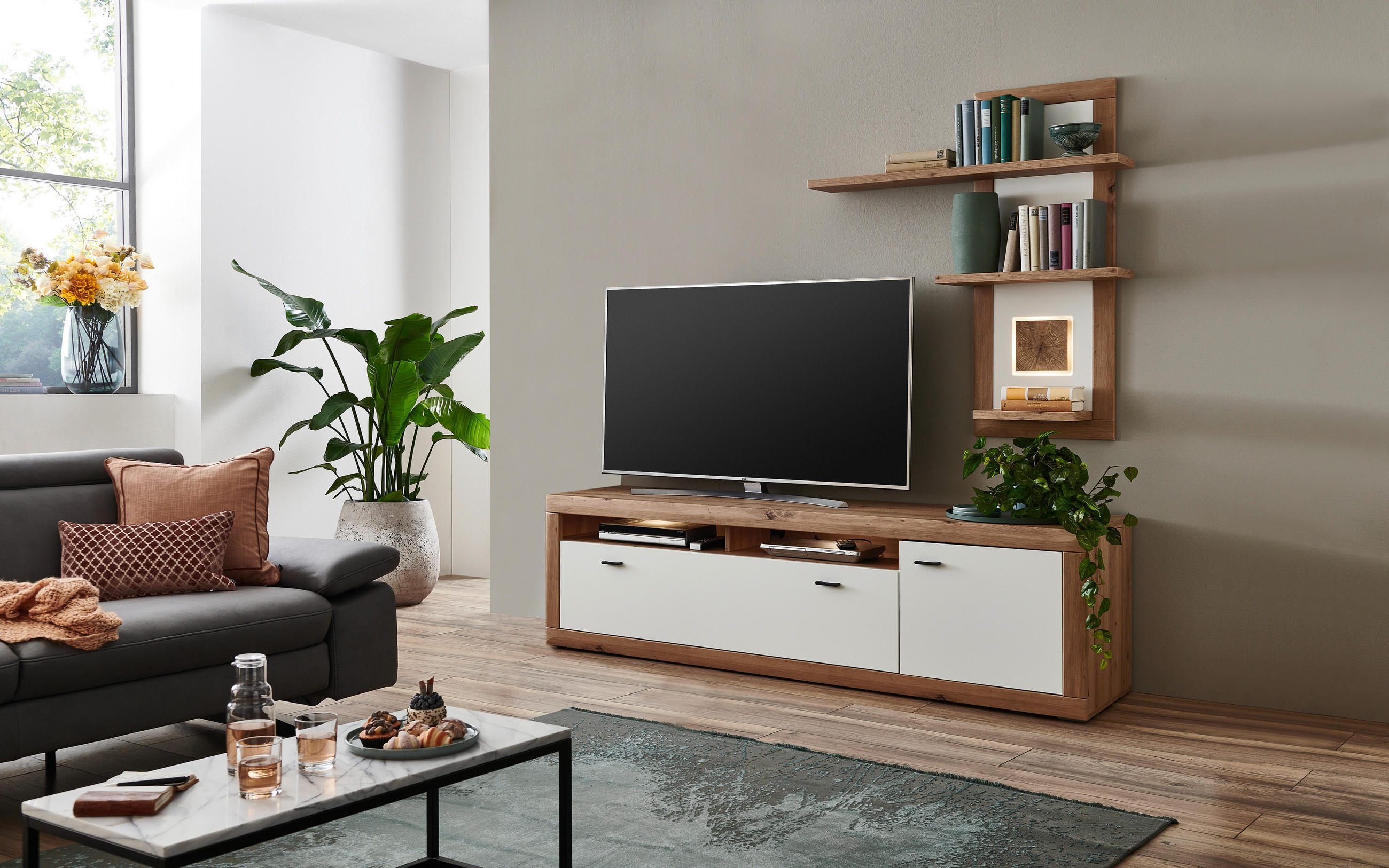 Thumbnail - Stylife Wohnwand Borkum, Weiß, Eiche Artisan, Metall, 2-teilig, 2 Fächer, 1 Schublade(n) Schubladen, 202.5x185.9x50.1 cm...