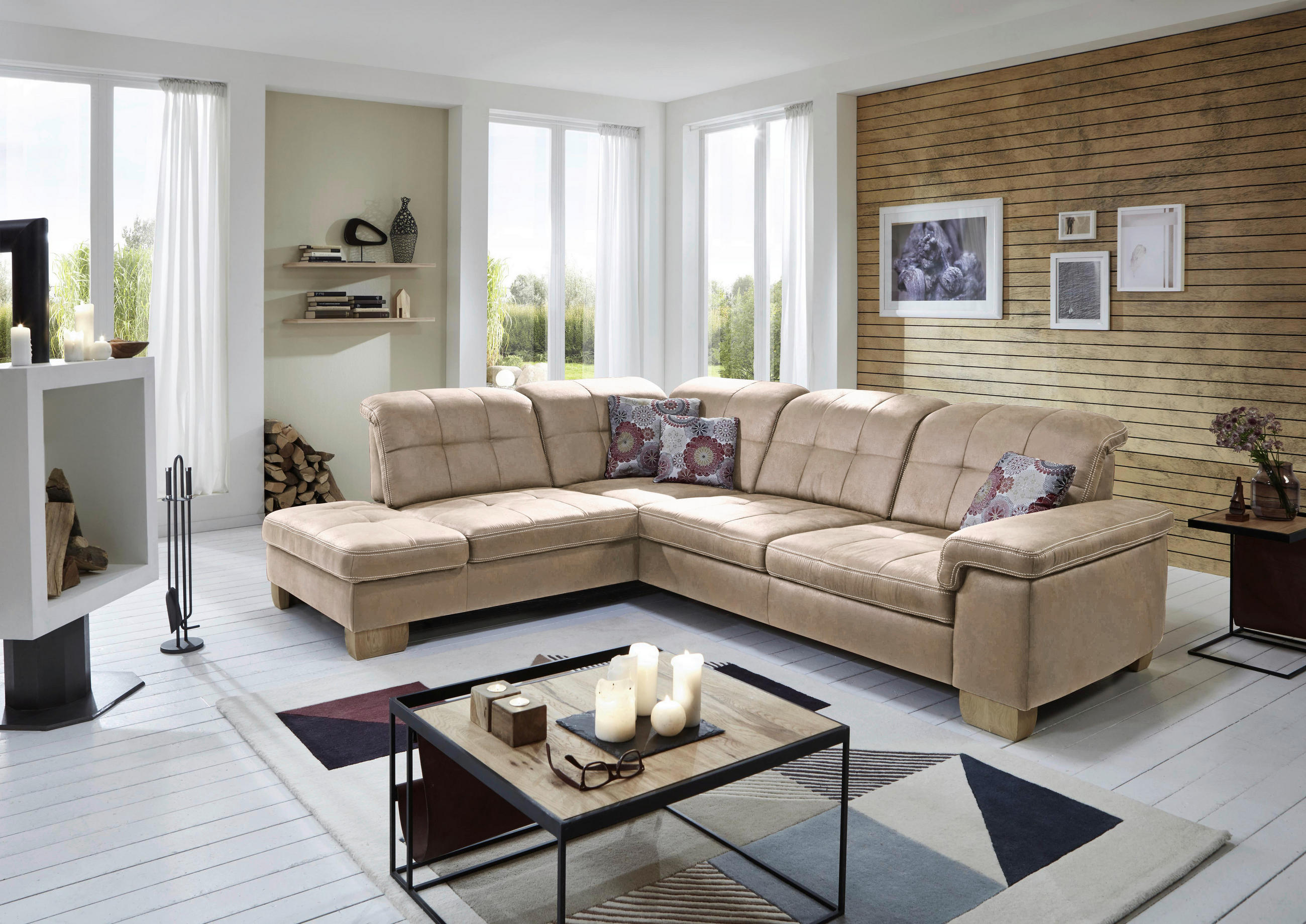 ECKSOFA Beige Mikrofaser  - Beige, KONVENTIONELL, Holz/Textil (243/299cm) - Carryhome