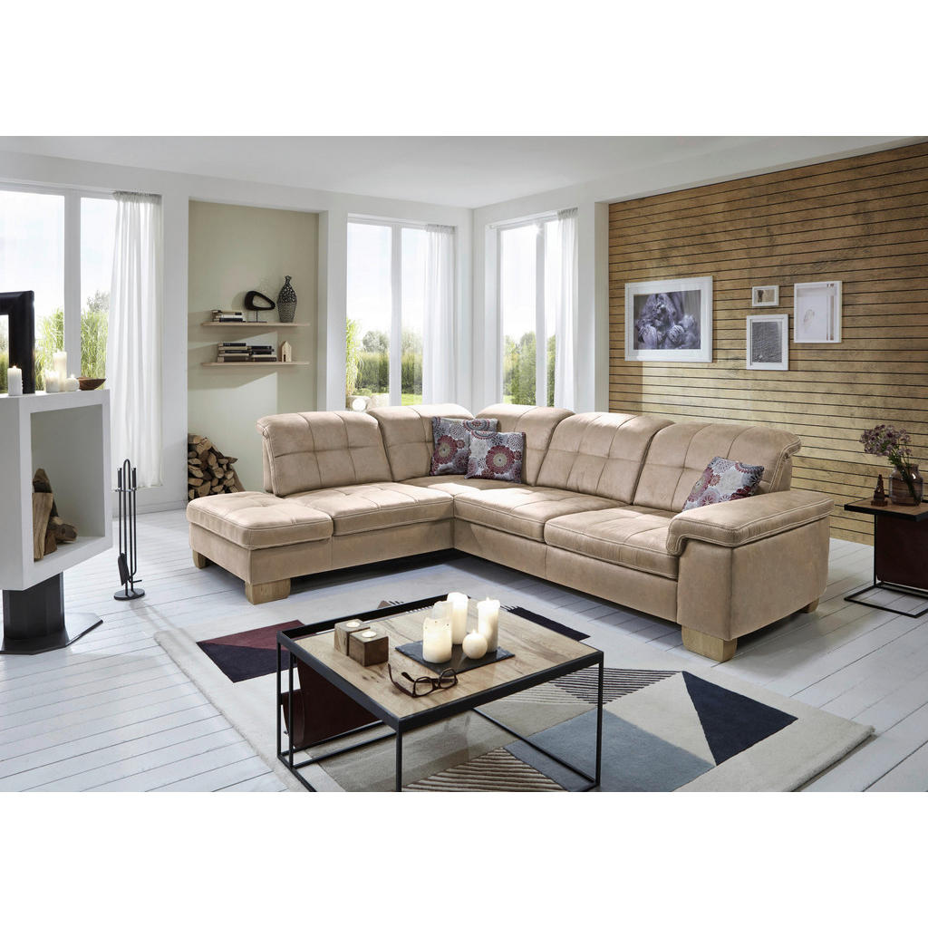 Thumbnail - Carryhome Ecksofa, Beige, Textil, Wildeiche, massiv, 3-4-Sitzer, Ottomane links, 299x243 cm, Made in EU, Fußauswahl, Sto...