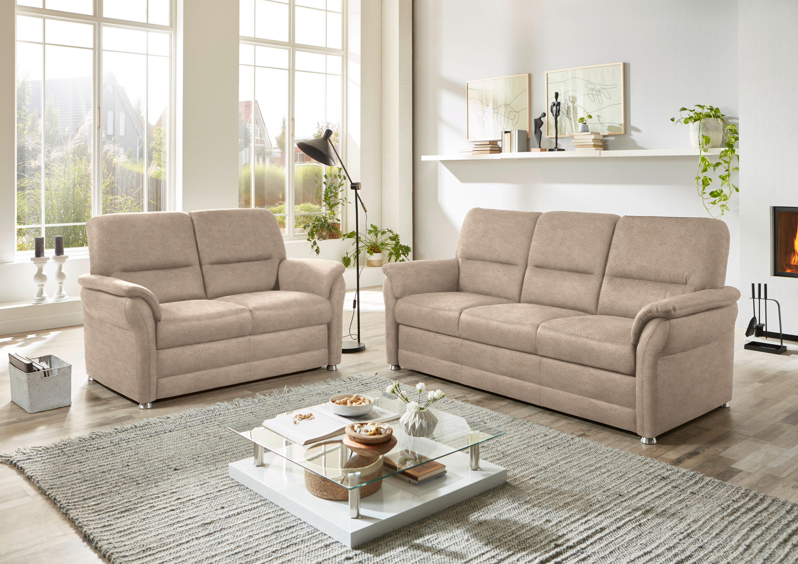 SITZGARNITUR Mikrofaser Beige  - Beige/Alufarben, KONVENTIONELL, Textil/Metall (192/96/89cm) - Beldomo Comfort