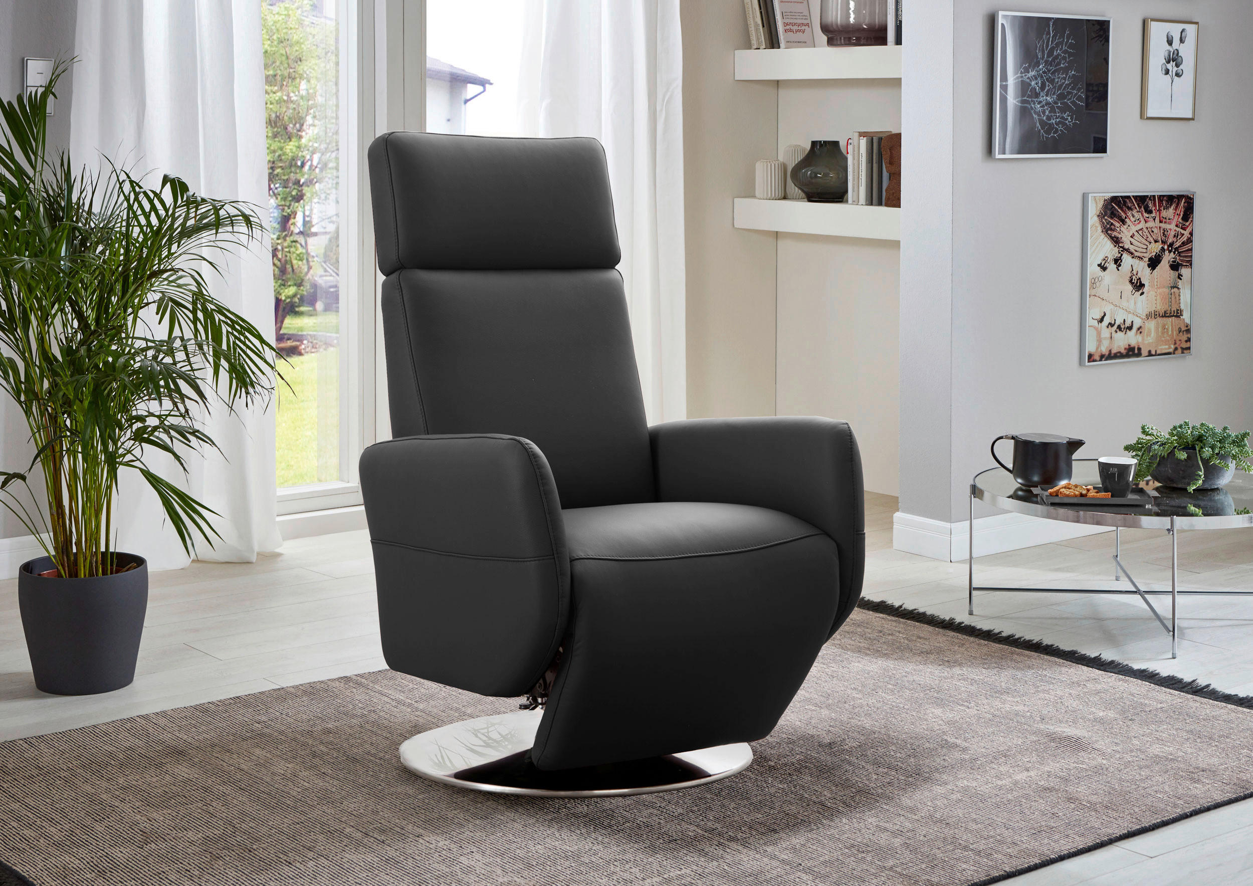 RELAXSESSEL 71/110/82 cm  in Leder Schwarz  - Chromfarben/Schwarz, KONVENTIONELL, Leder/Metall (71/110/82cm) - Sit & More