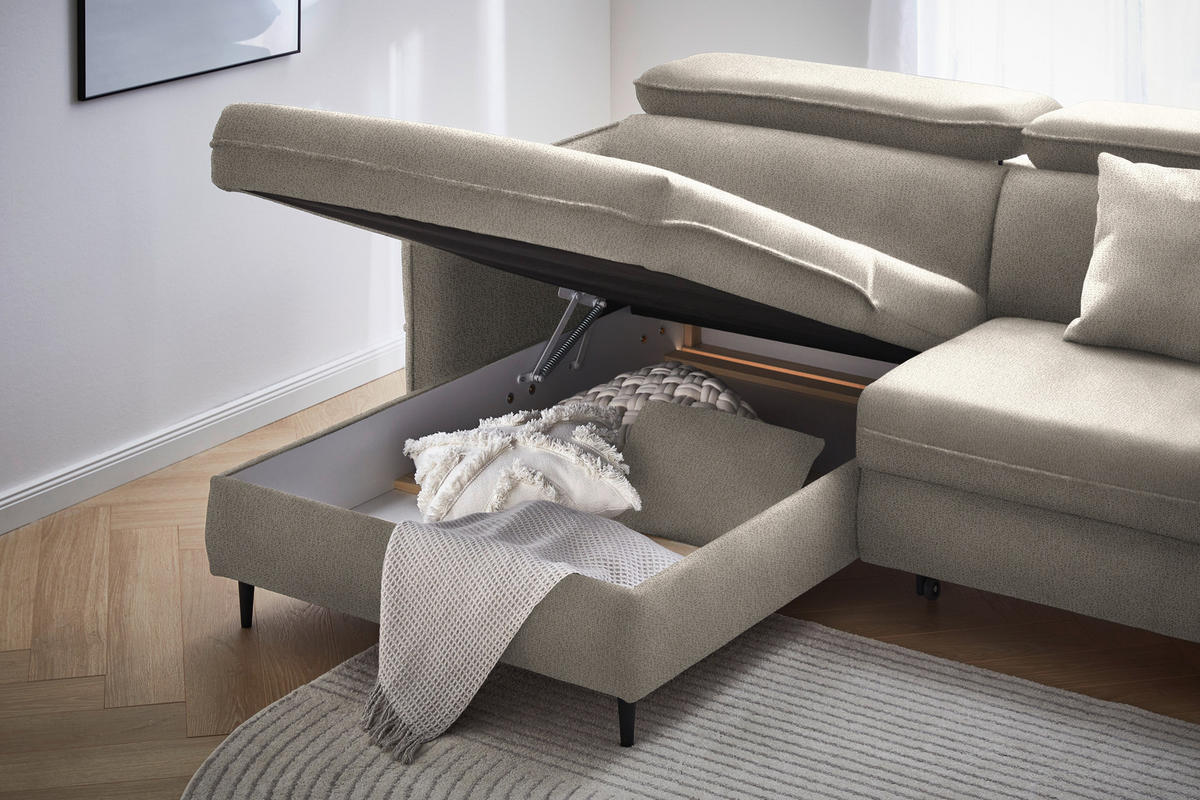 ECKSOFA in Flachgewebe Beige  - Beige/Schwarz, Design, Holz/Textil (185/232cm) - Stylife