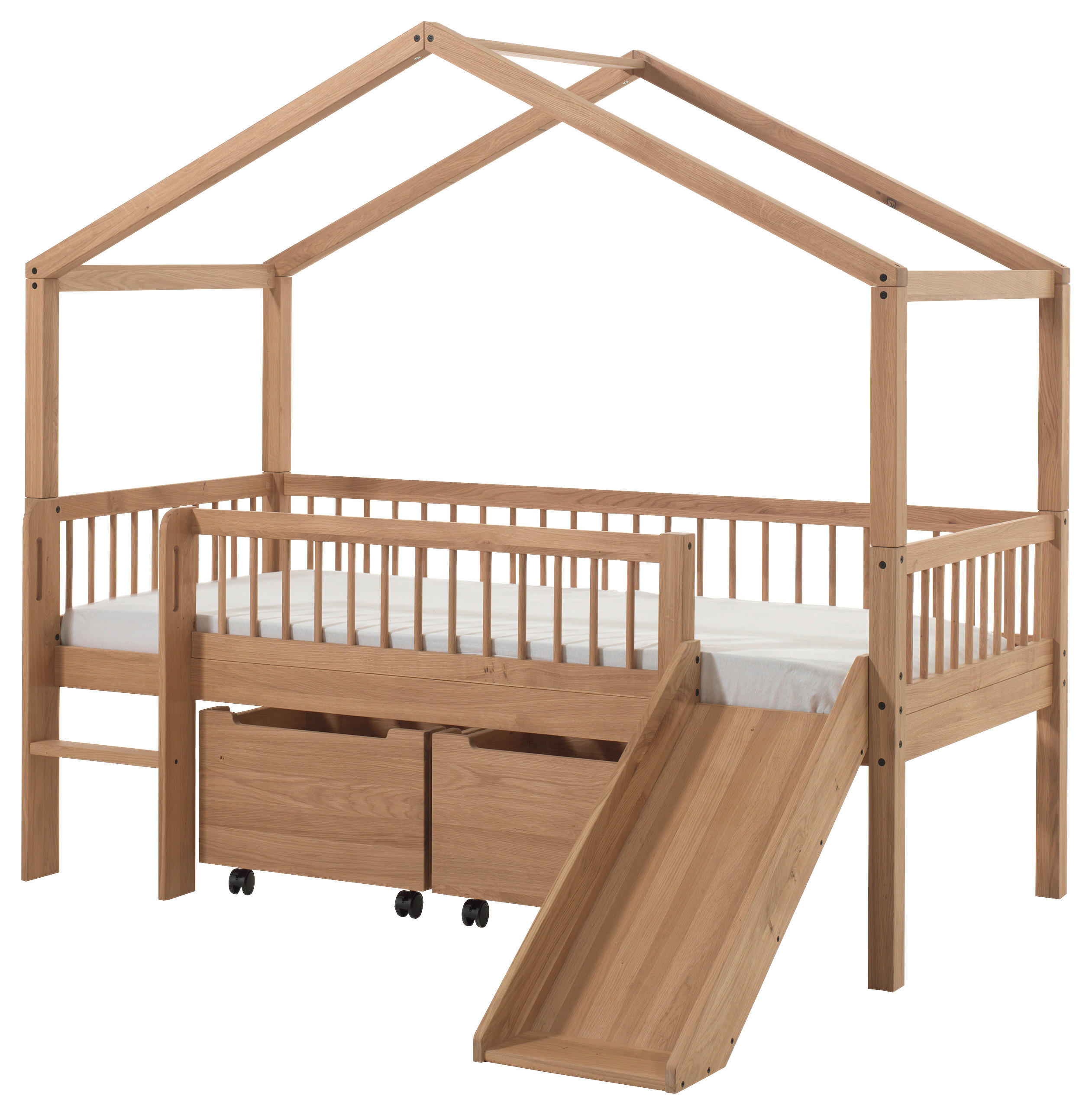 HAUSBETT Absturzsicherung, Leiter, Rutsche, Rollrost, Bettschublade 90/200 cm  - Eichefarben/Naturfarben, MODERN, Holz (90/200cm) - MID.YOU