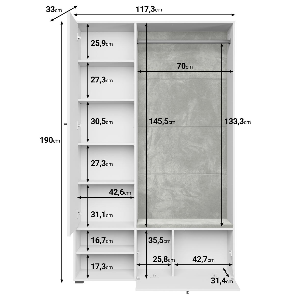 GARDEROBE 4-teilig  in 117,3/190/33 cm  - Schwarz, Basics, Holzwerkstoff (117,3/190/33cm) - P & B