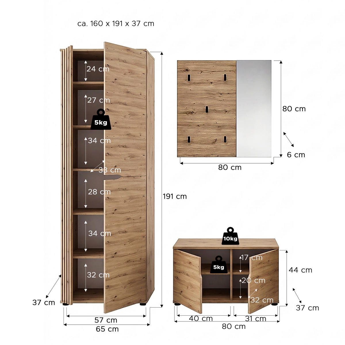 GARDEROBE 3-teilig  in 160/191/37 cm  - Eiche Artisan, Design, Holzwerkstoff (160/191/37cm) - MID.YOU
