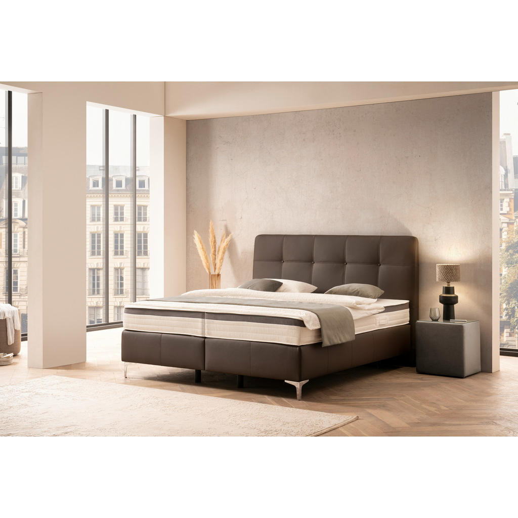 Thumbnail - Novel Boxspringbett, Braun, Textil, Kombination Echtleder/Lederlook, Rindleder, Fichte, Sperrholz, H3 + H4, 7-Zonen, Höh...